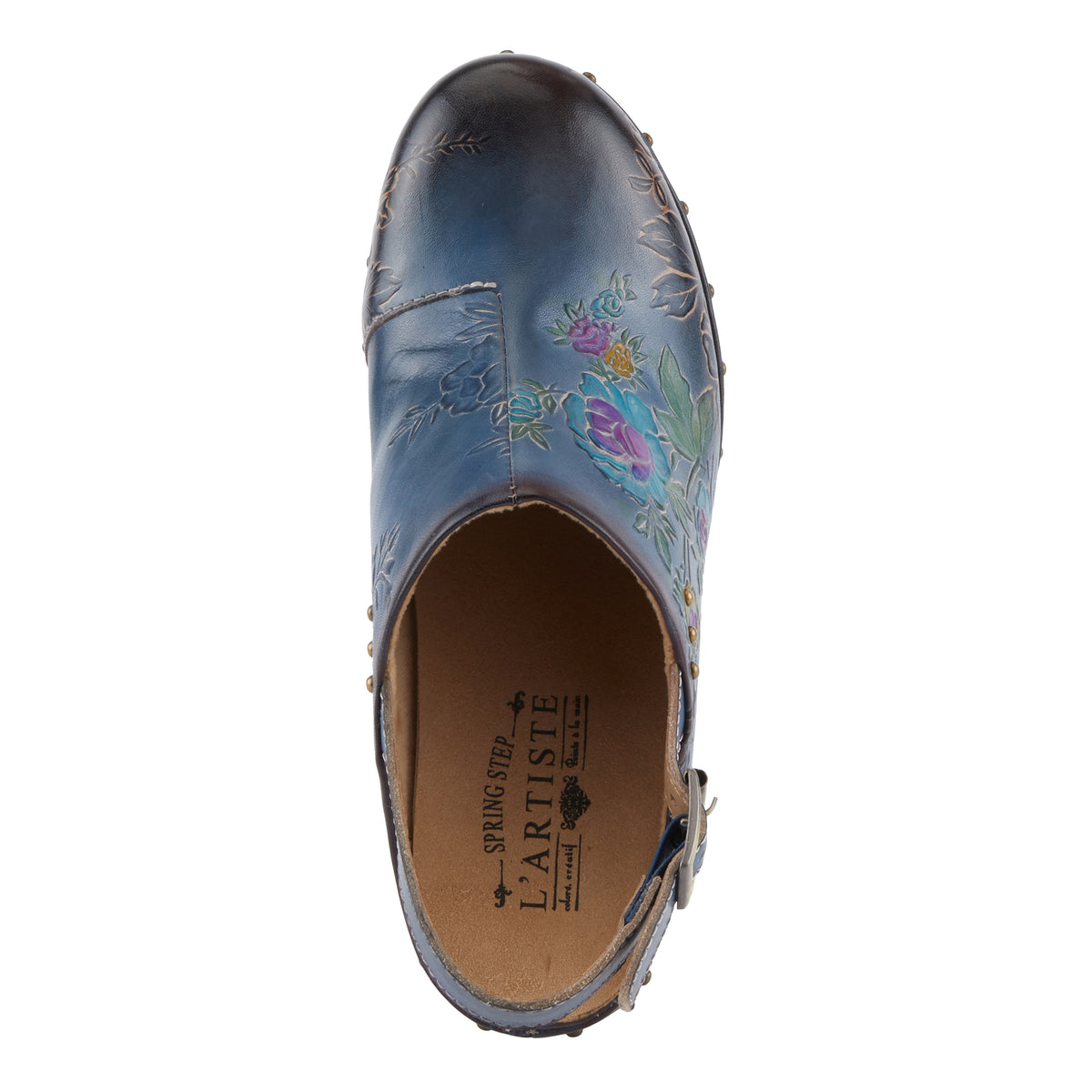 L'Artiste L'ARTISTE LOVEYA CLOGS shoe in blue with handcrafted leather design