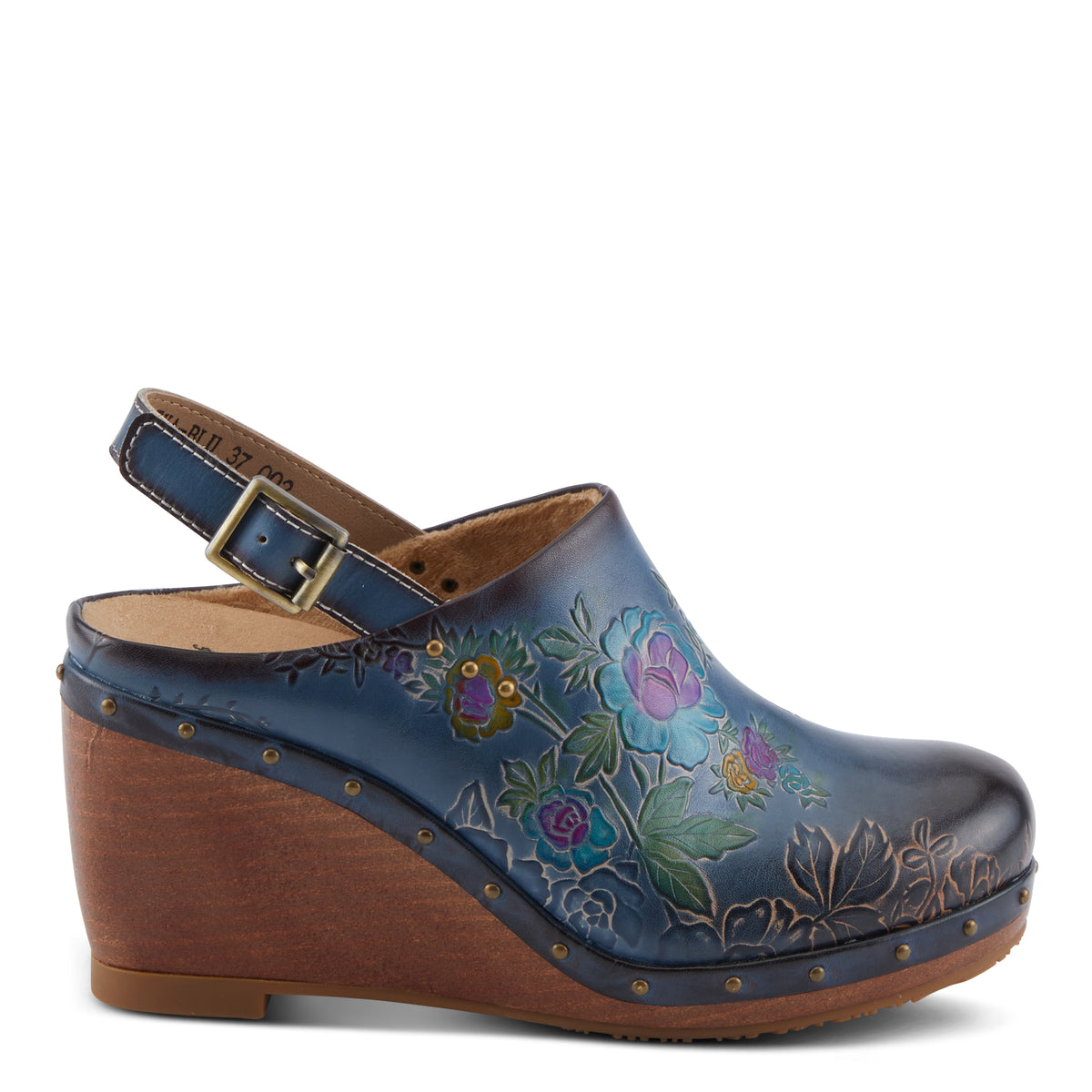L'Artiste L'ARTISTE LOVEYA CLOGS shoe in blue with handcrafted leather design