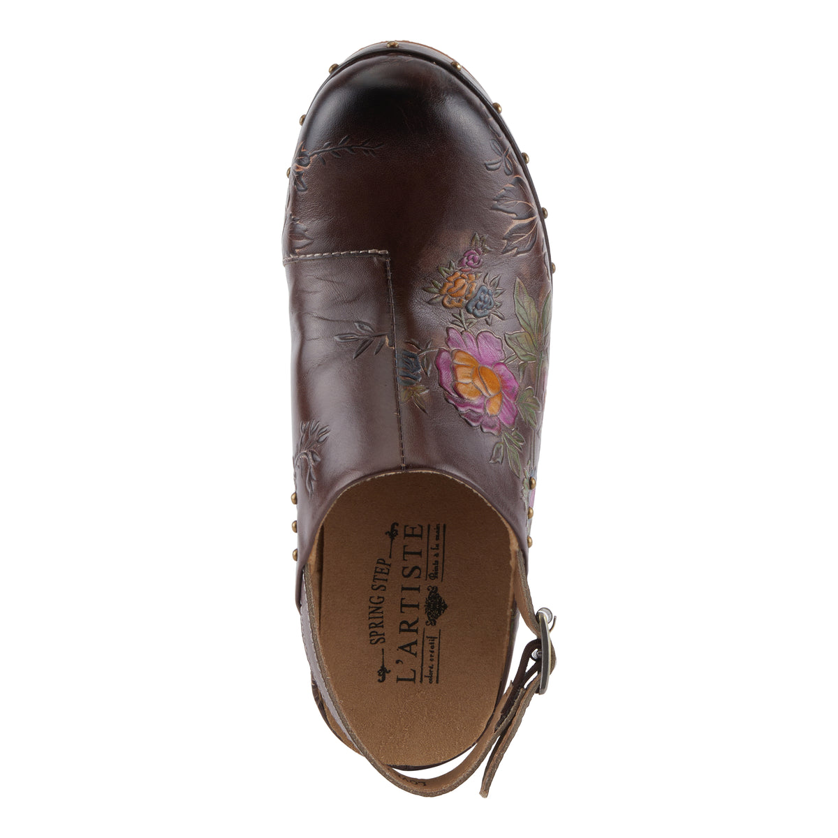 L'Artiste L'ARTISTE LOVEYA CLOGS shoe in chocolate brown with handcrafted leather design