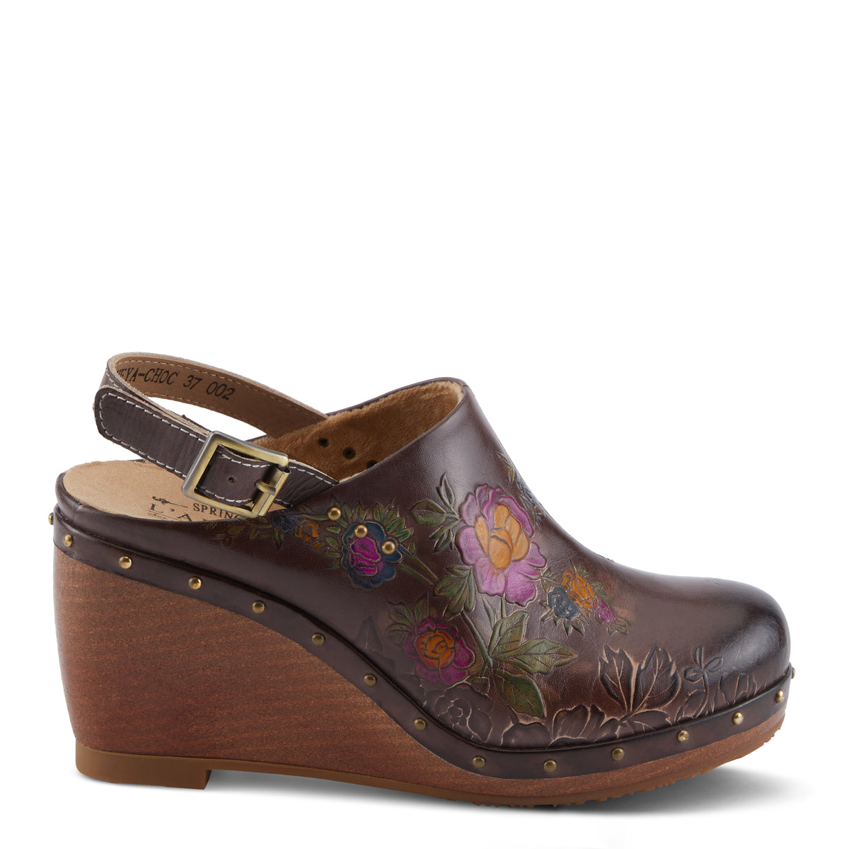 L'Artiste L'ARTISTE LOVEYA CLOGS shoe in chocolate brown with handcrafted leather design