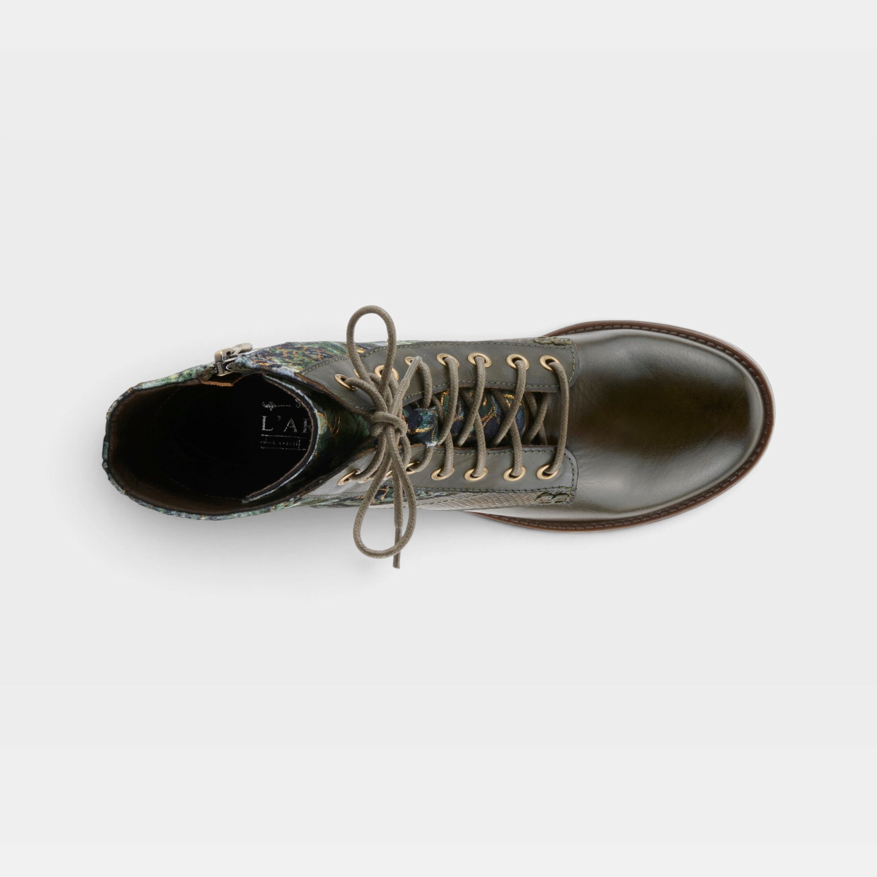 L'Artiste Marty-Flow boots in Olive Multi, top view