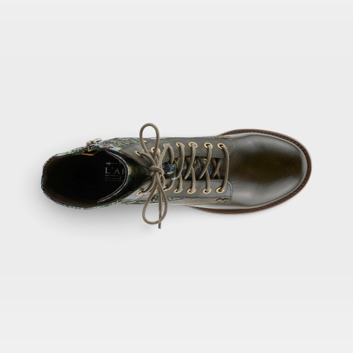 L'Artiste Marty-Flow boots in Olive Multi, top view