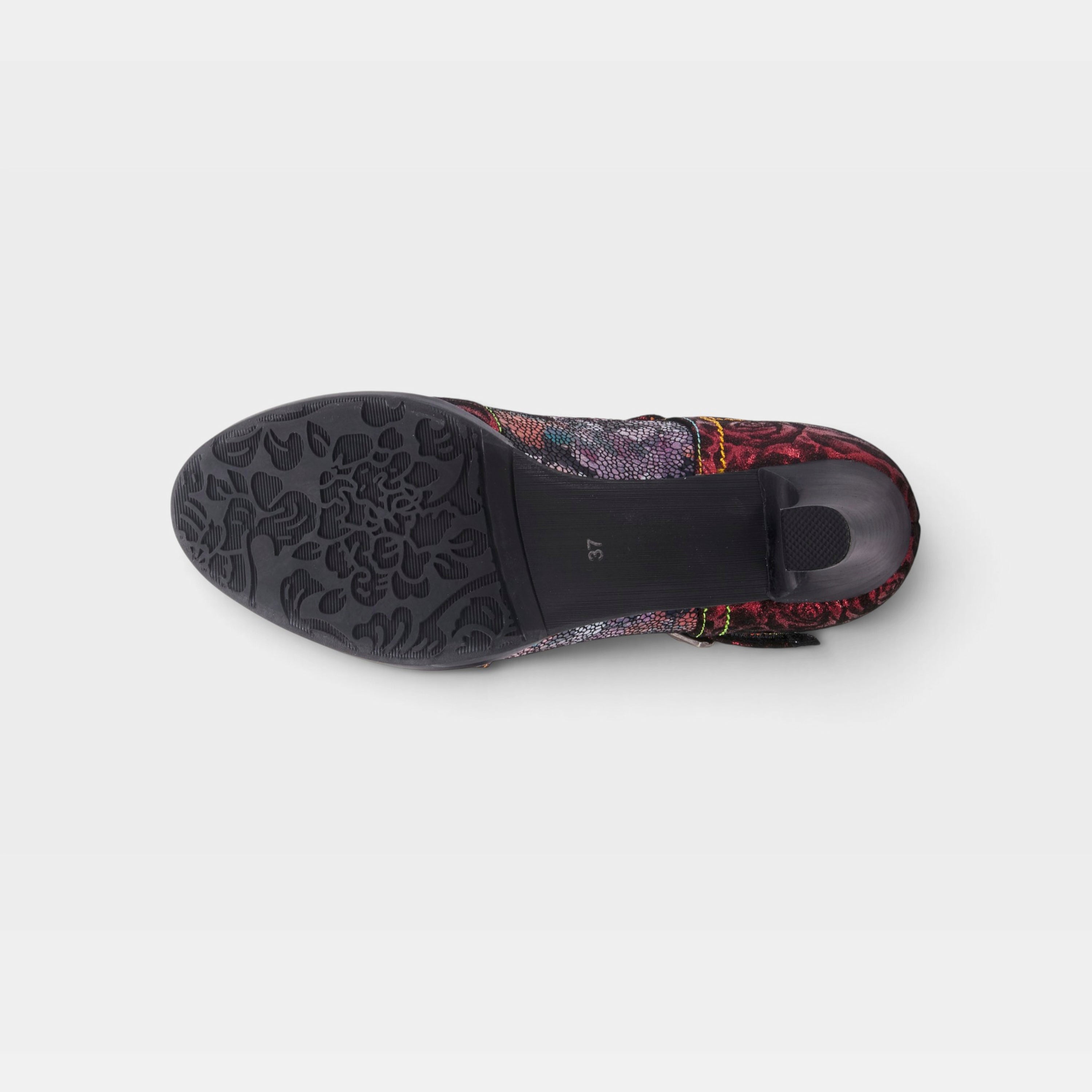 L'Artiste Mazie shoes in Bordeaux Multi, outsole view