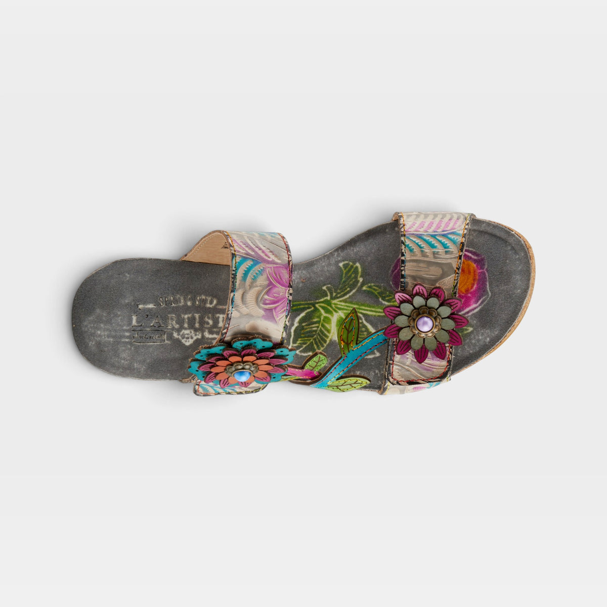 L'Artiste Moai sandals in Grey Multi, top view