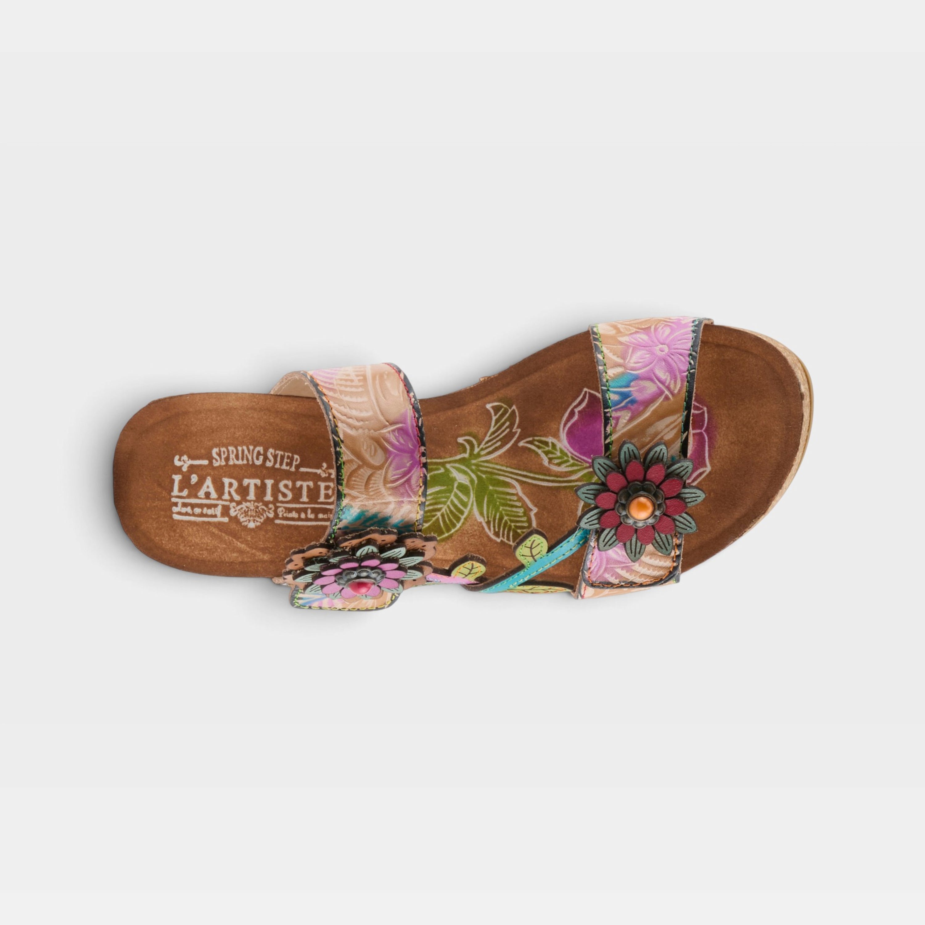 L'Artiste Moai sandals in Tan Multi, top view