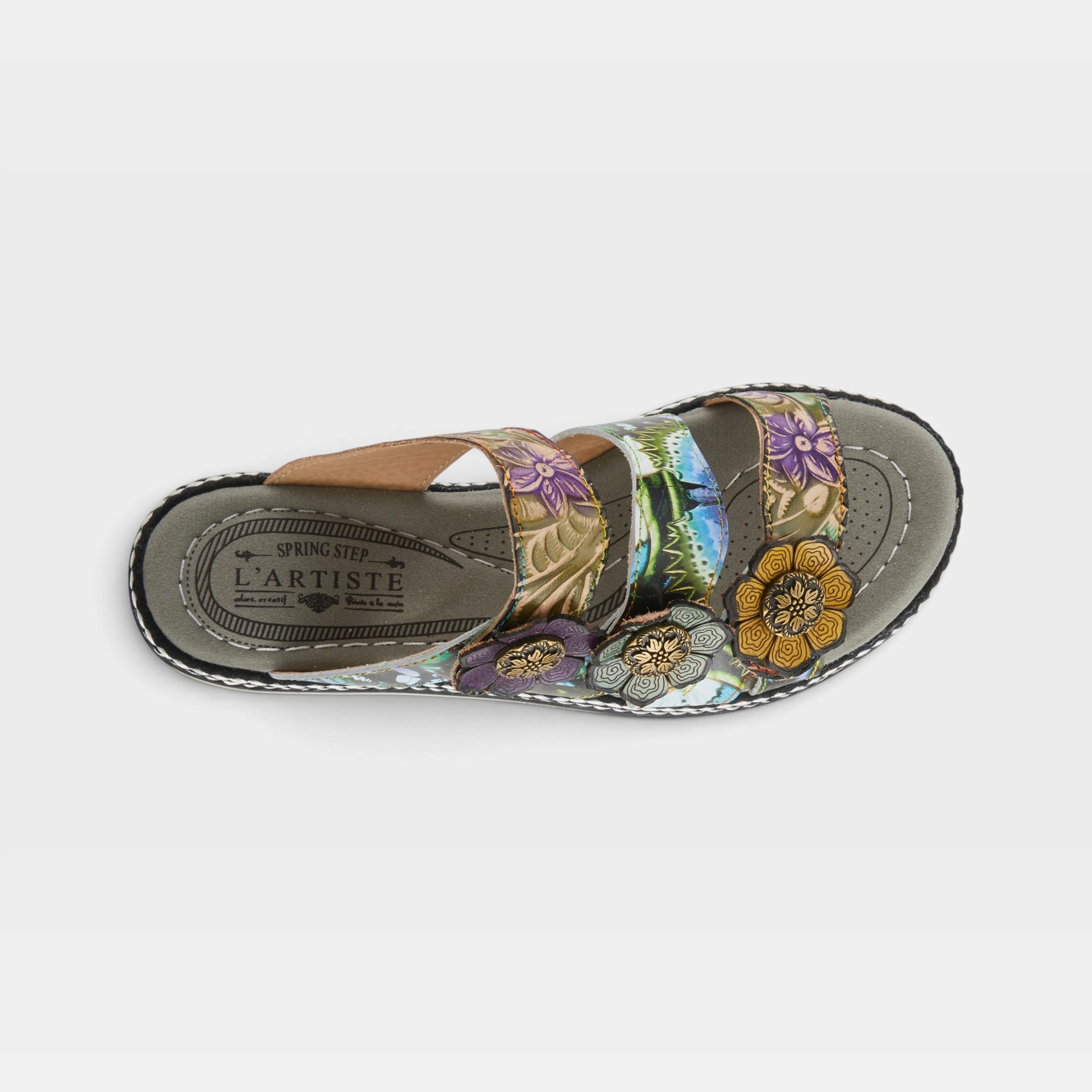L'Artiste Naomi-Monarch sandals in Olive Multi, top view
