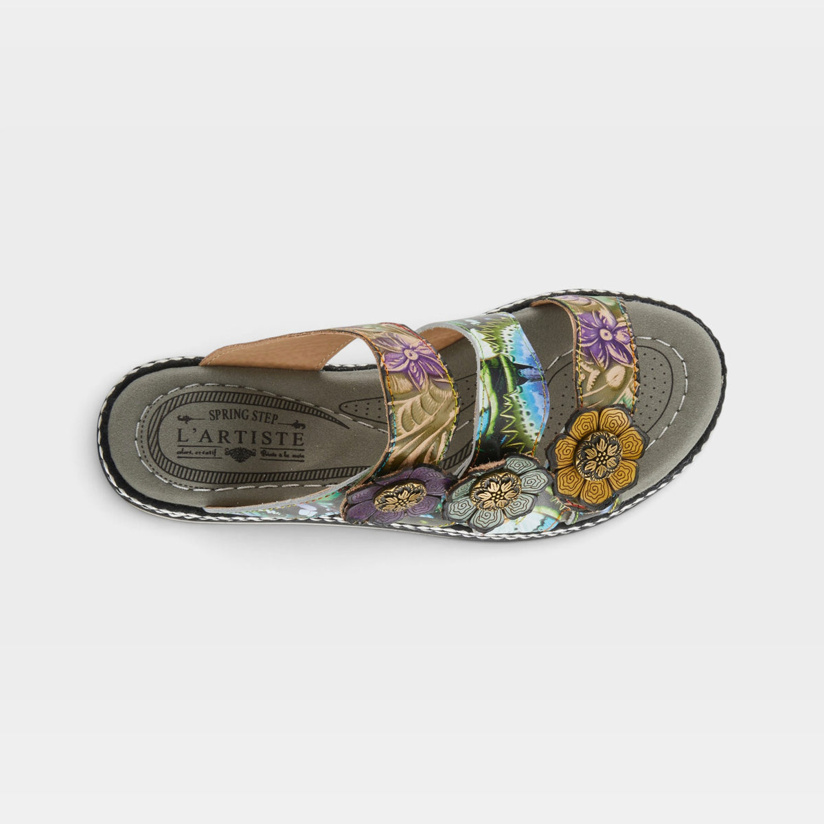 L'Artiste Naomi-Monarch sandals in Olive Multi, top view