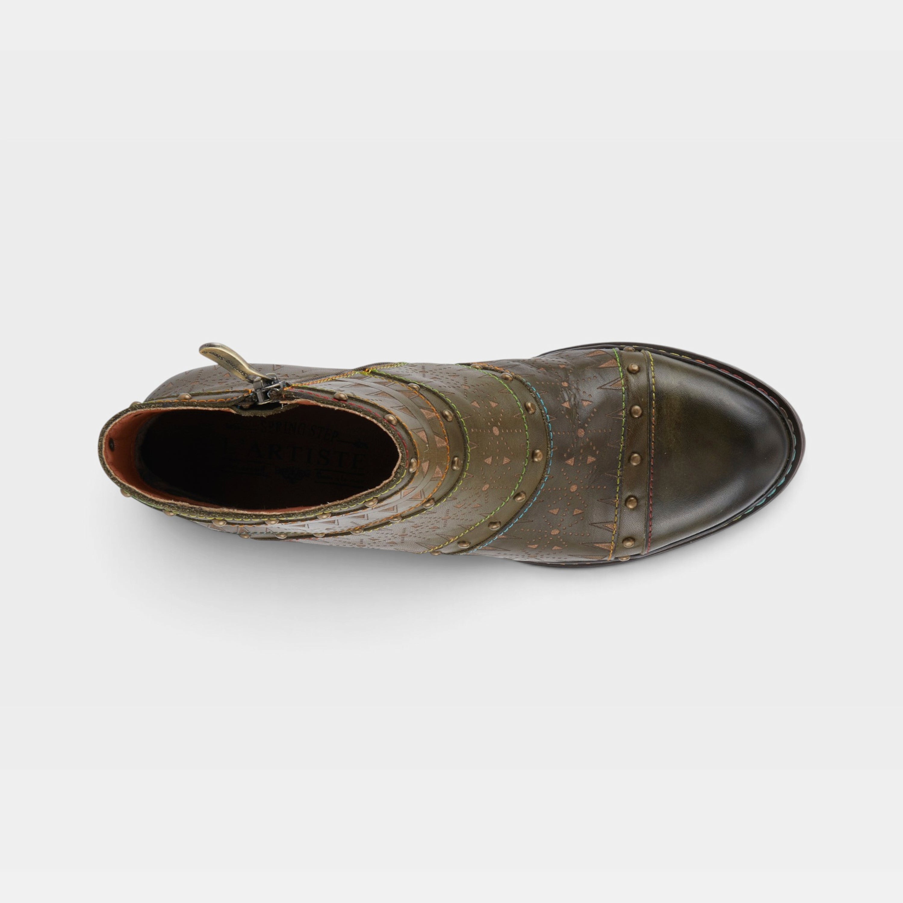L'Artiste Niobe boots in Olive Multi, top view