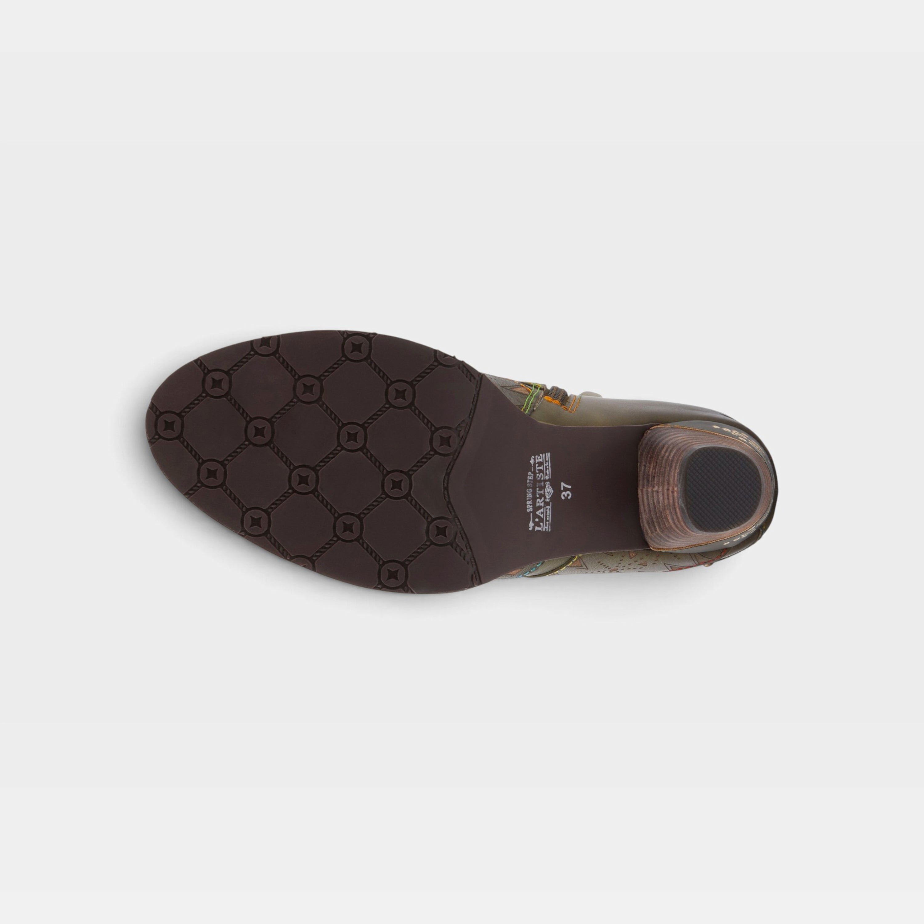 L'Artiste Niobe boots in Olive Multi, outsole view