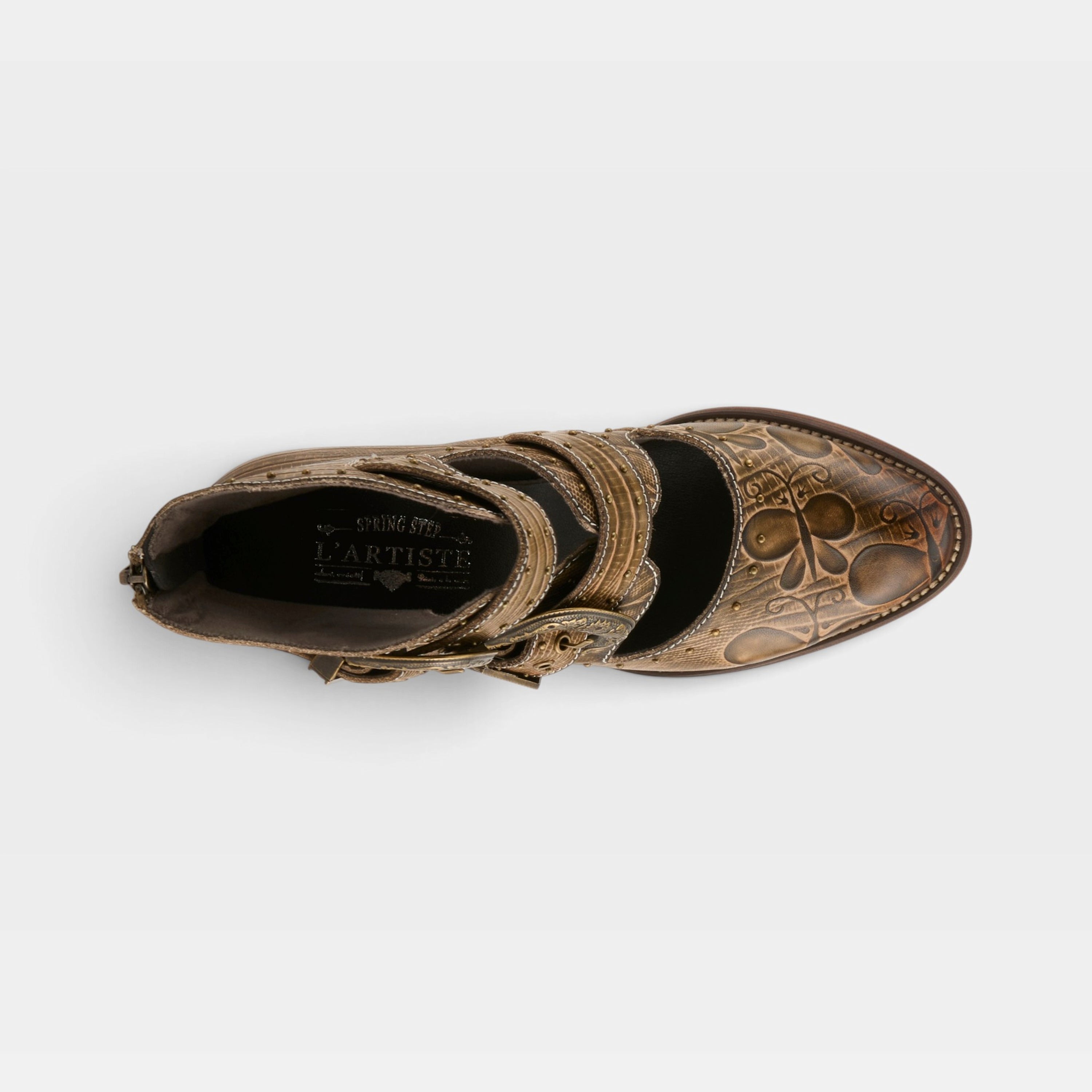 L'Artiste Notched-Nature boots in Olive Green, top view