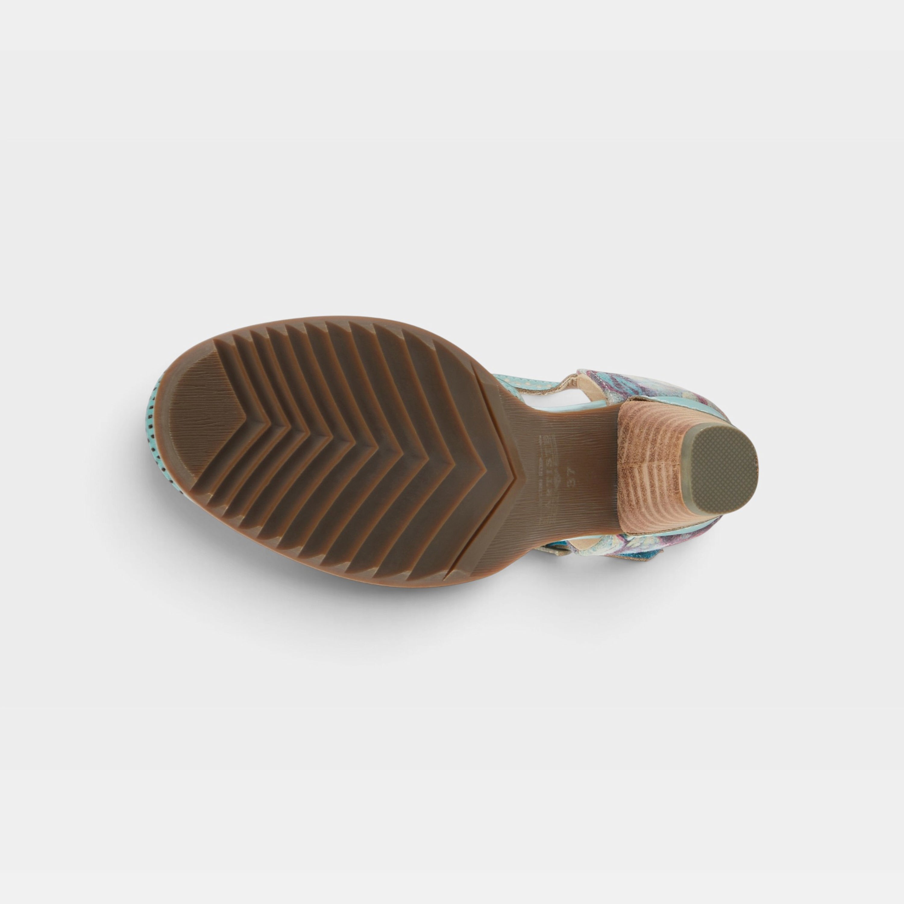 L'Artiste Parchelle Mary Jane shoes in Sky Blue Multi, outsole view
