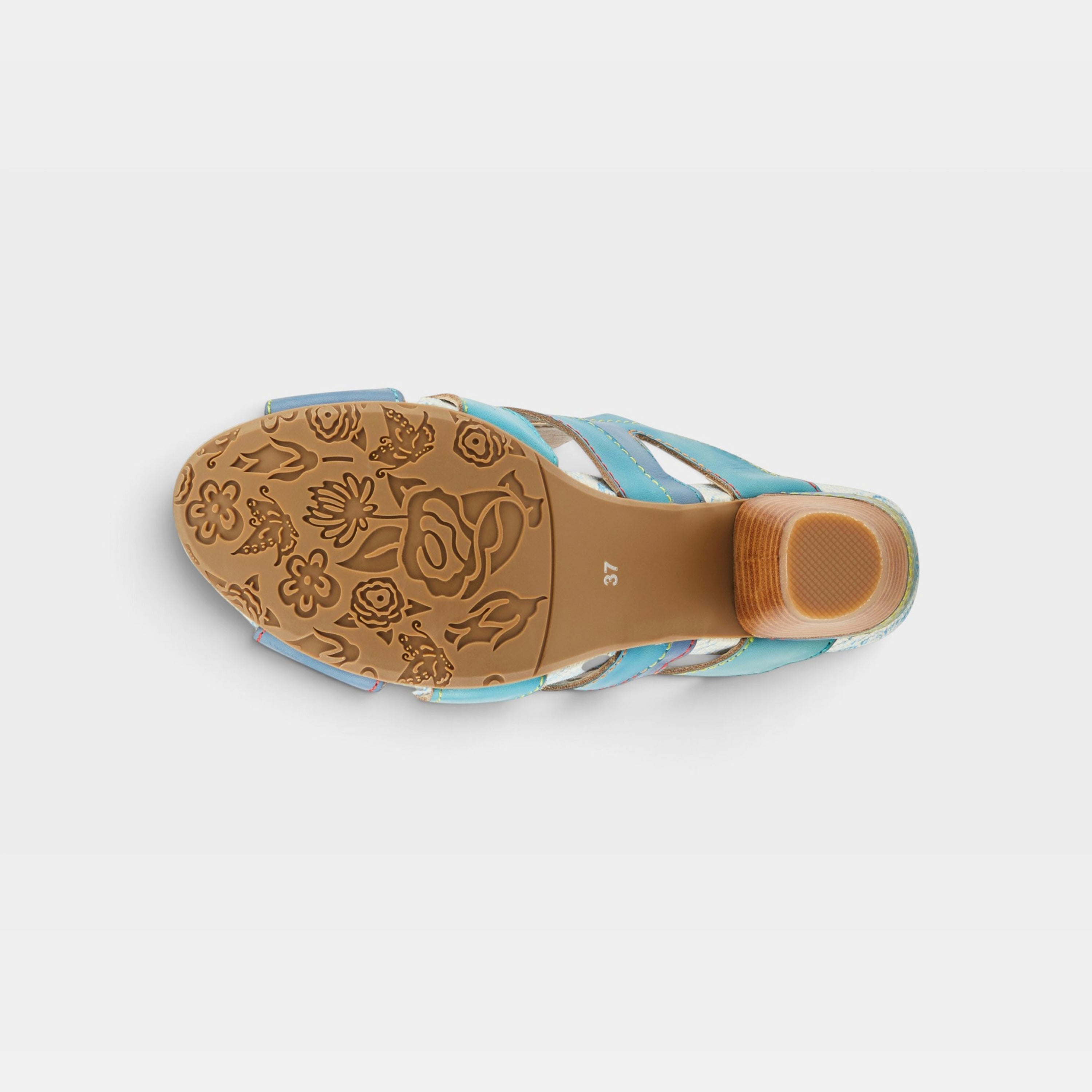 L'Artiste Pita sandals in Turquoise Multi, outsole view