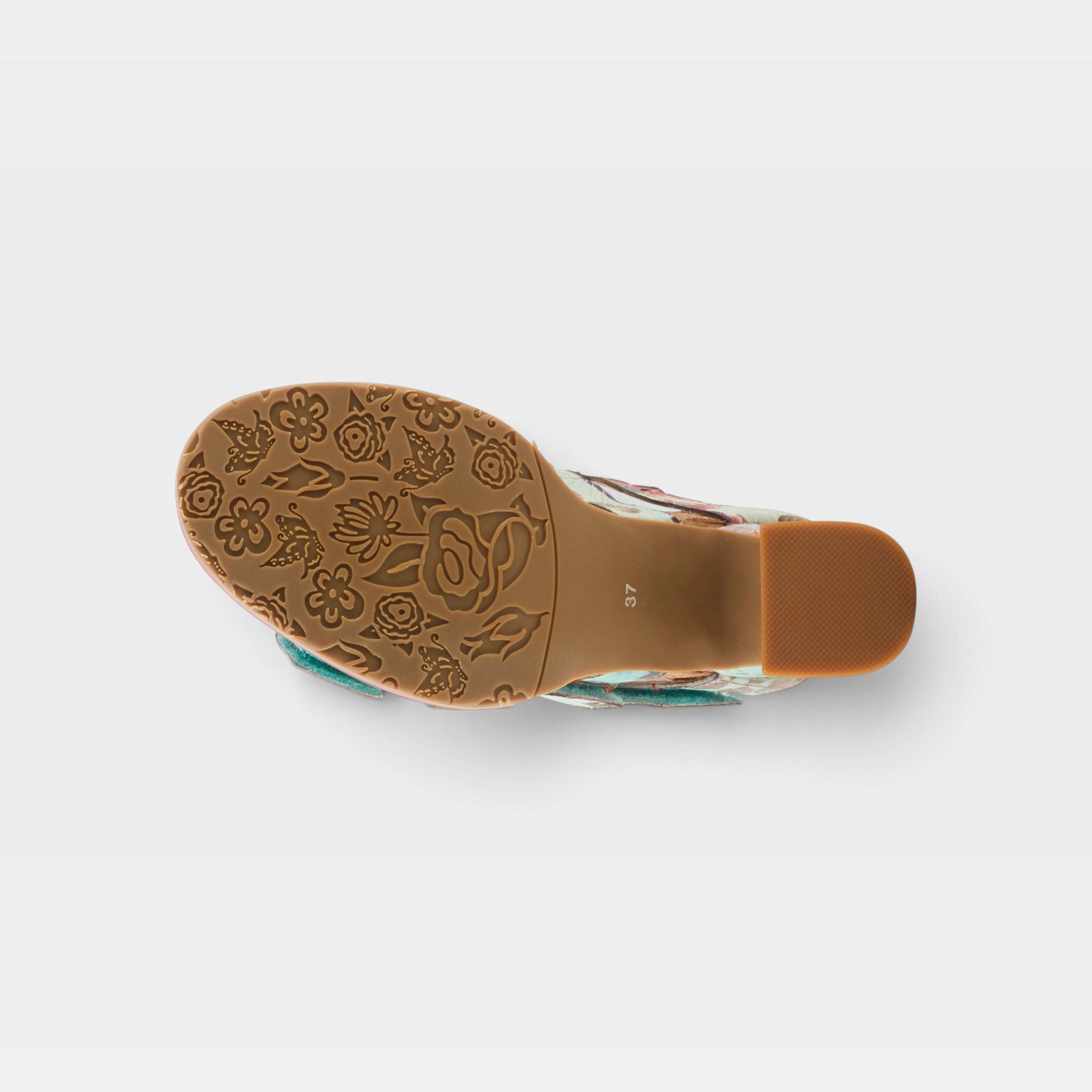 L'Artiste Radiating sandals in Mint Green Multi, outsole view