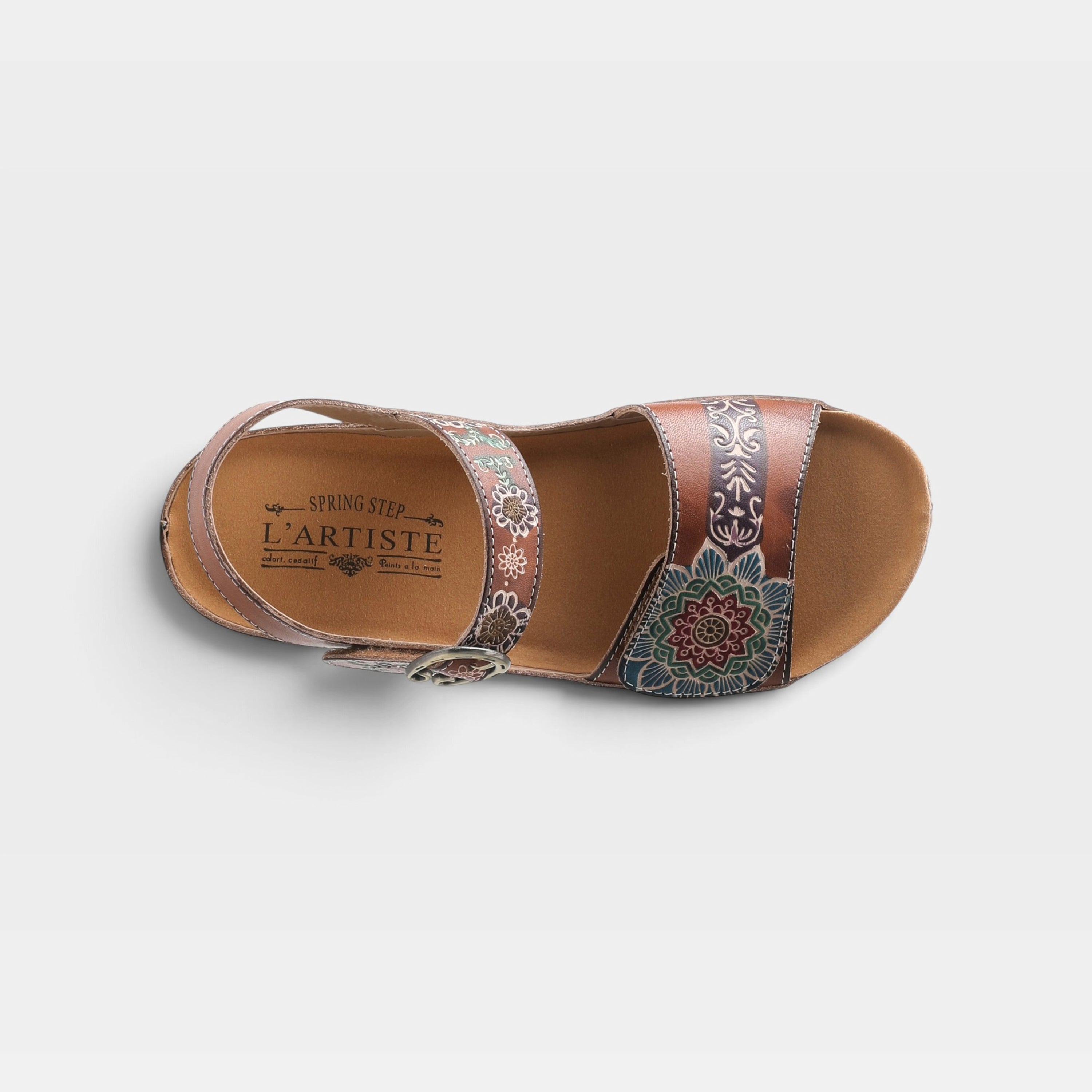 L'Artiste Roshni sandals in Camel Multi, top view