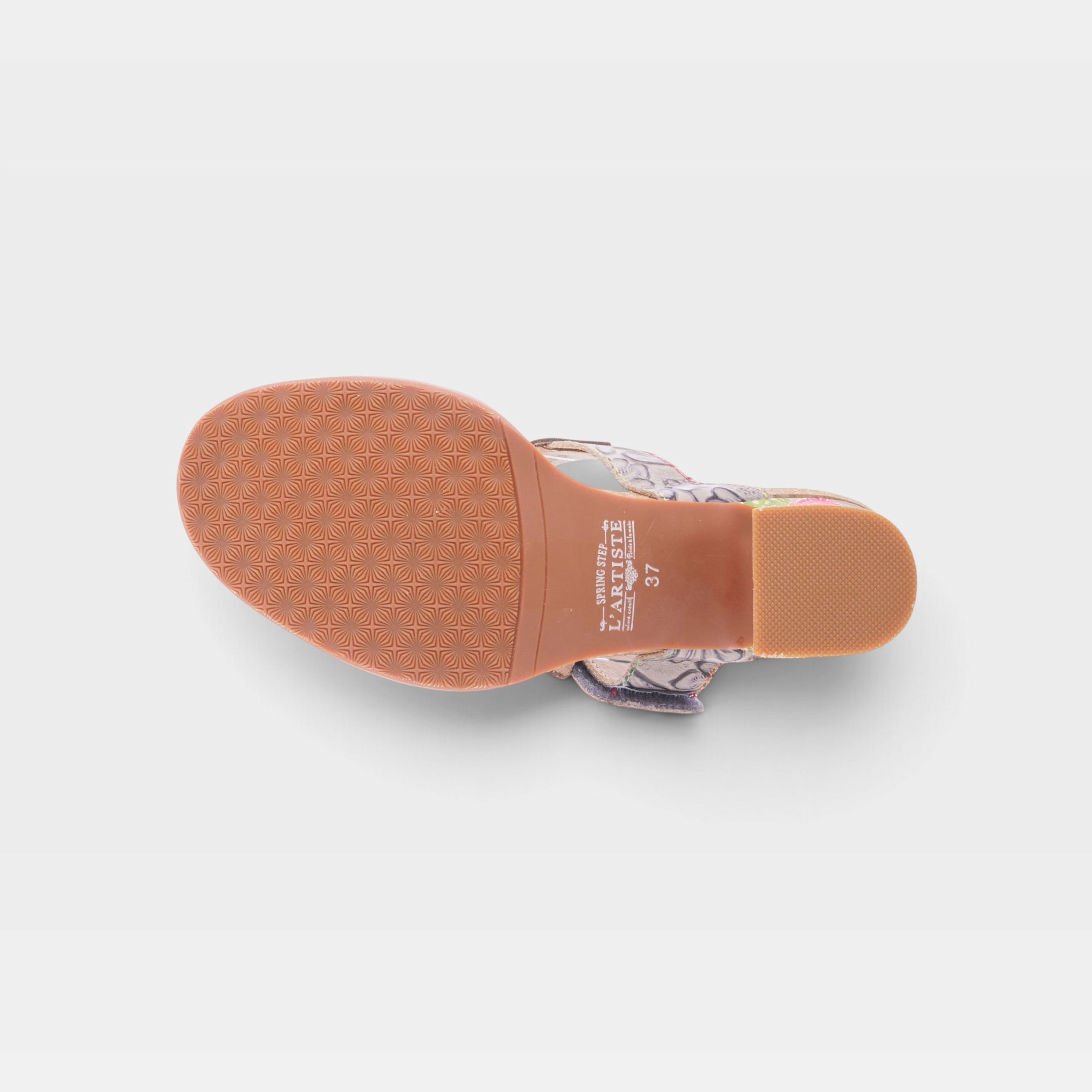 L'Artiste Rossie heeled sandals in Grey Multi, outsole view