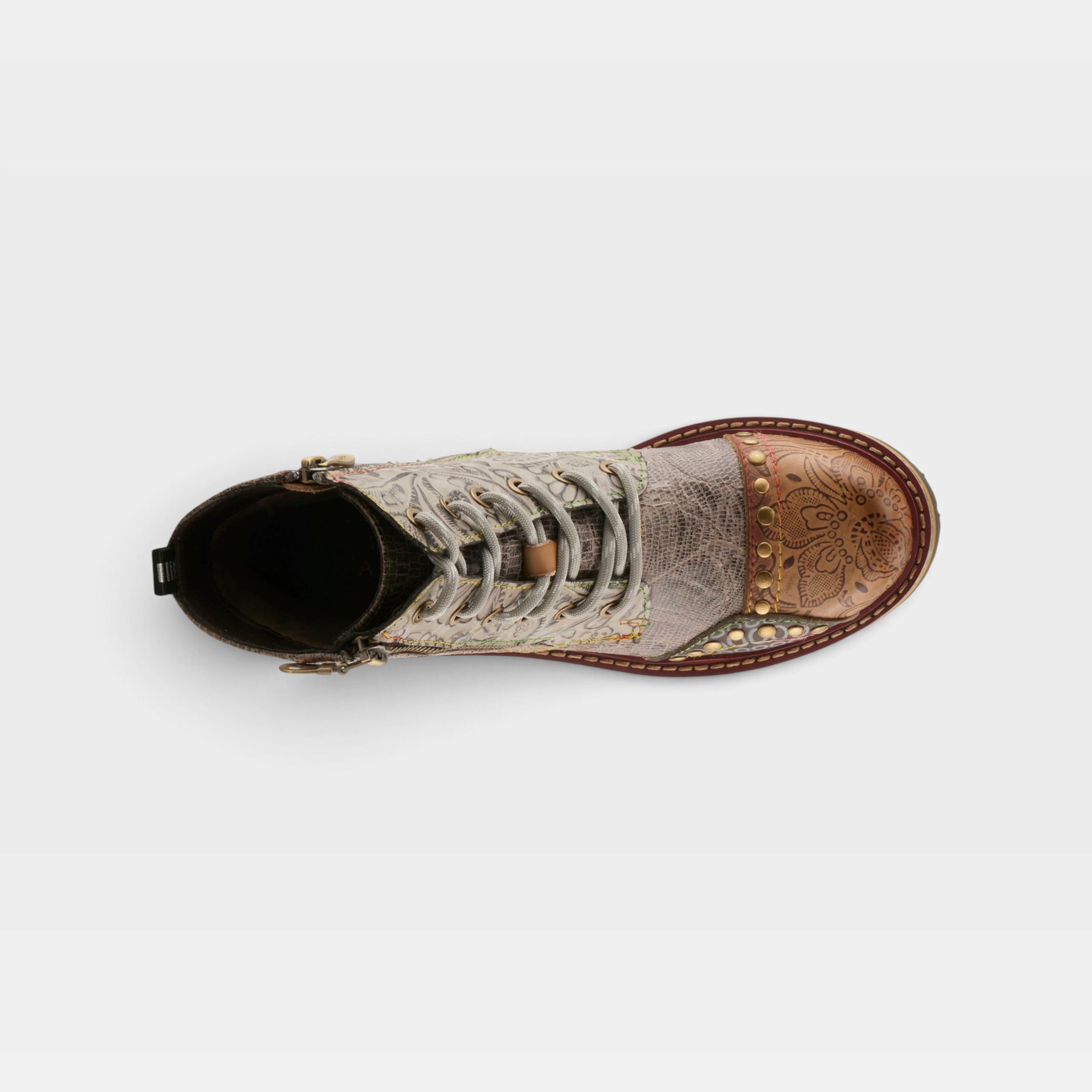 L'Artiste Rugup booties in Beige Multi, top view