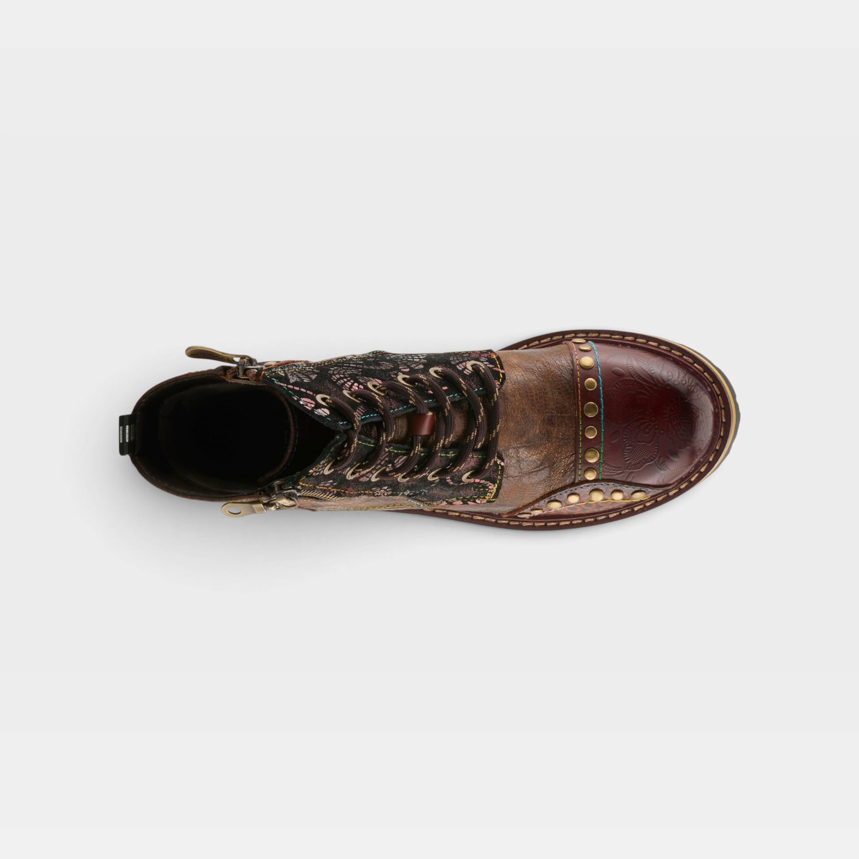 L'Artiste Rugup booties in Brown Multi, top view