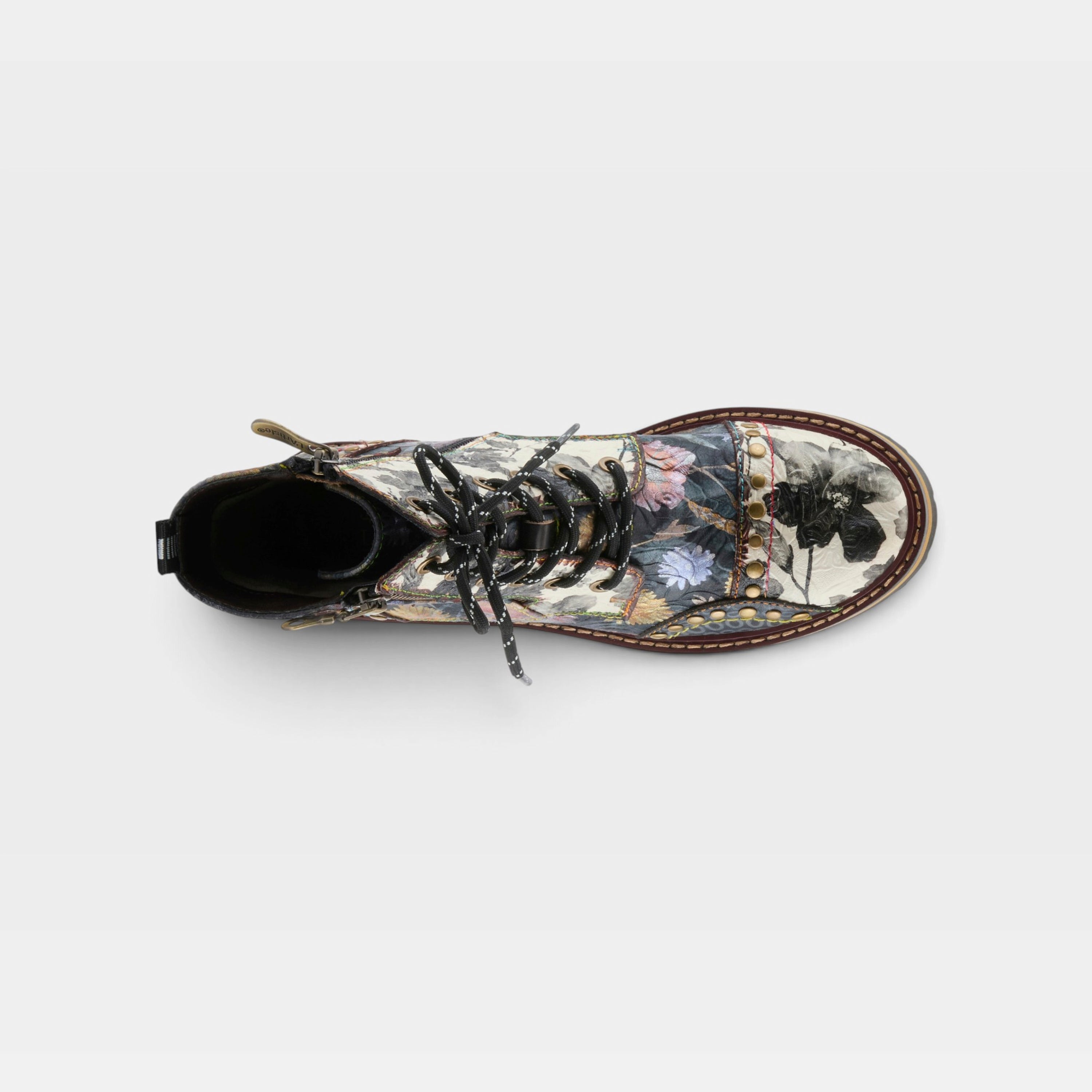 L'Artiste Rugup-Flower booties in Black Multi, top view