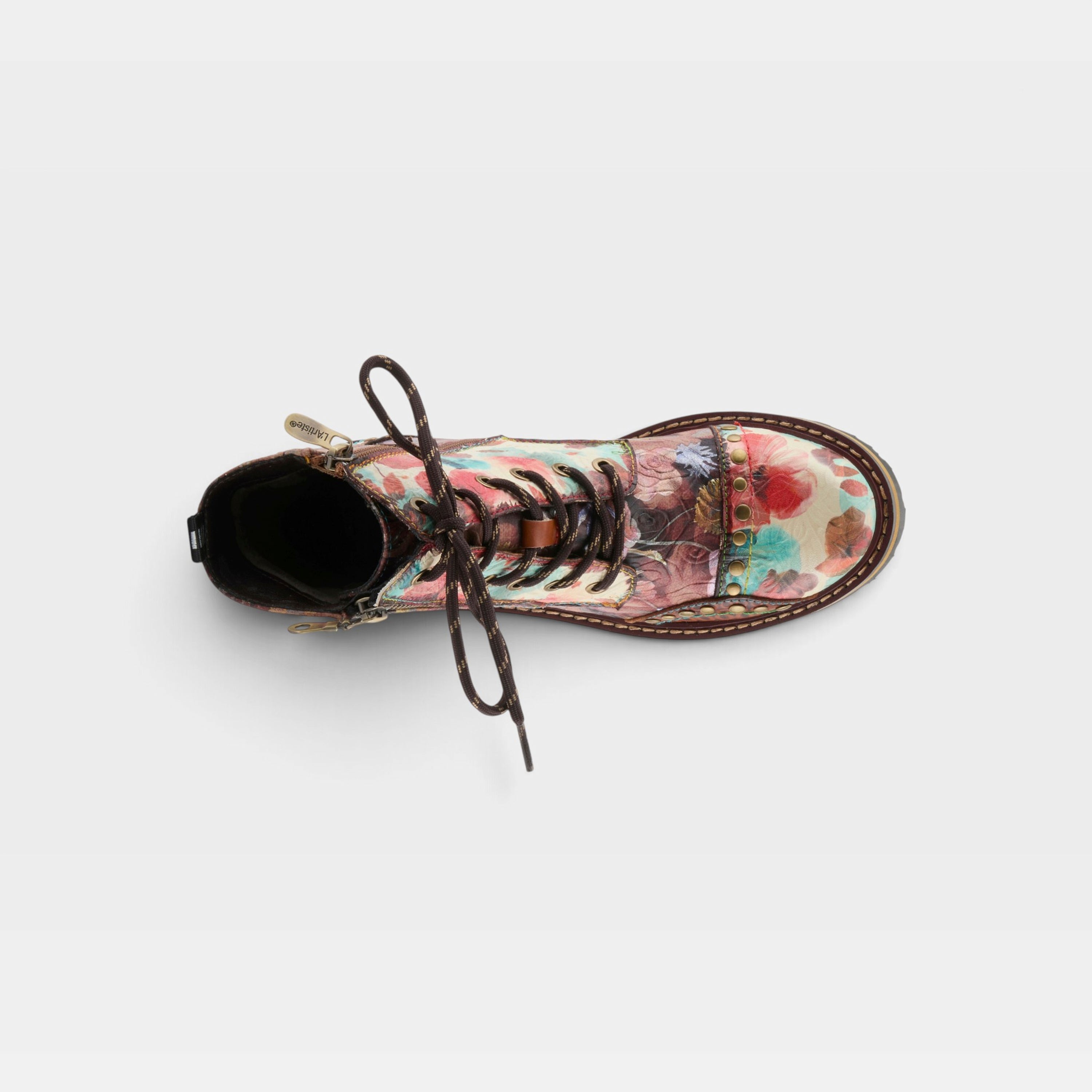L'Artiste Rugup-Flower booties in Brown Multi, top view