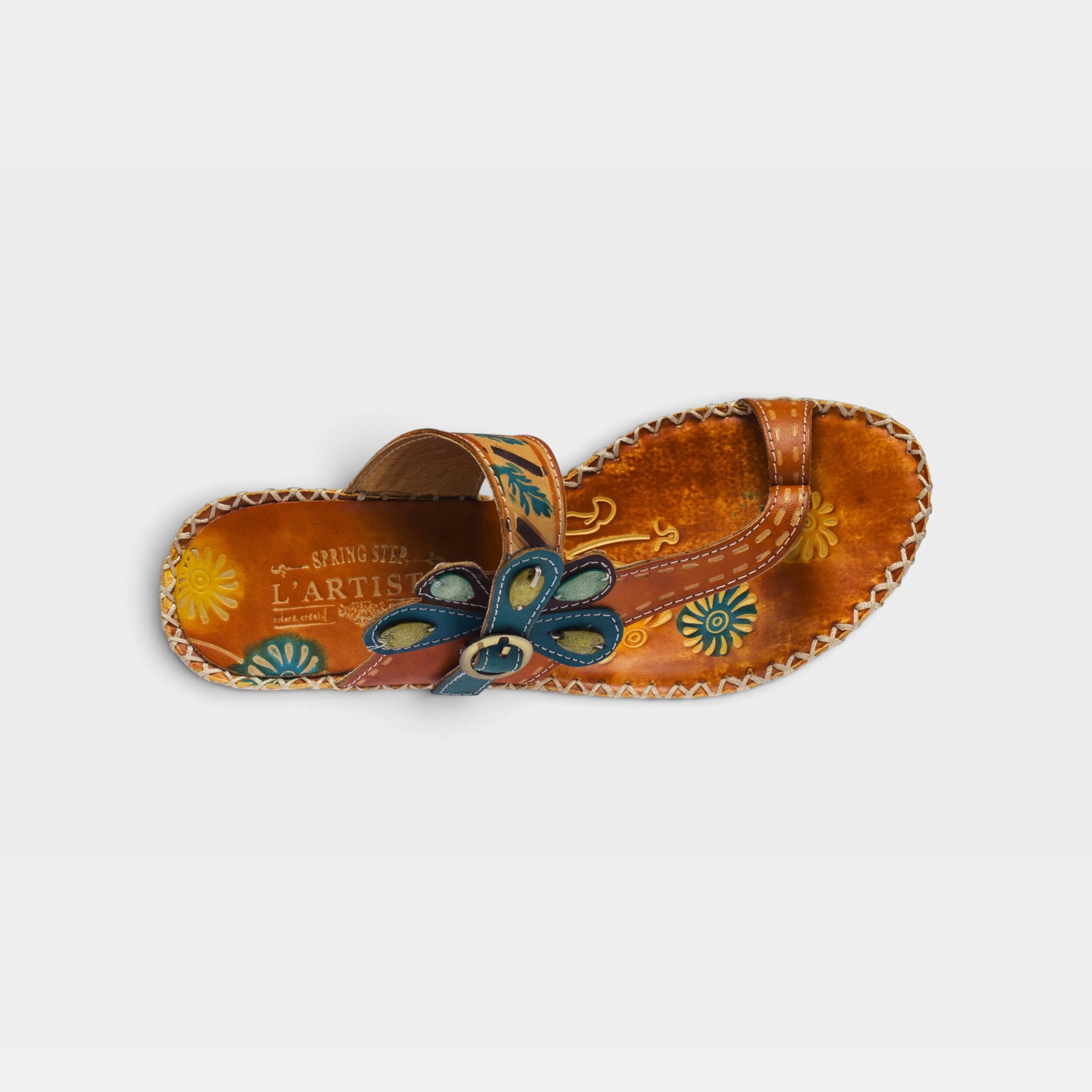 L'Artiste Santorini slide sandal in Camel, top view