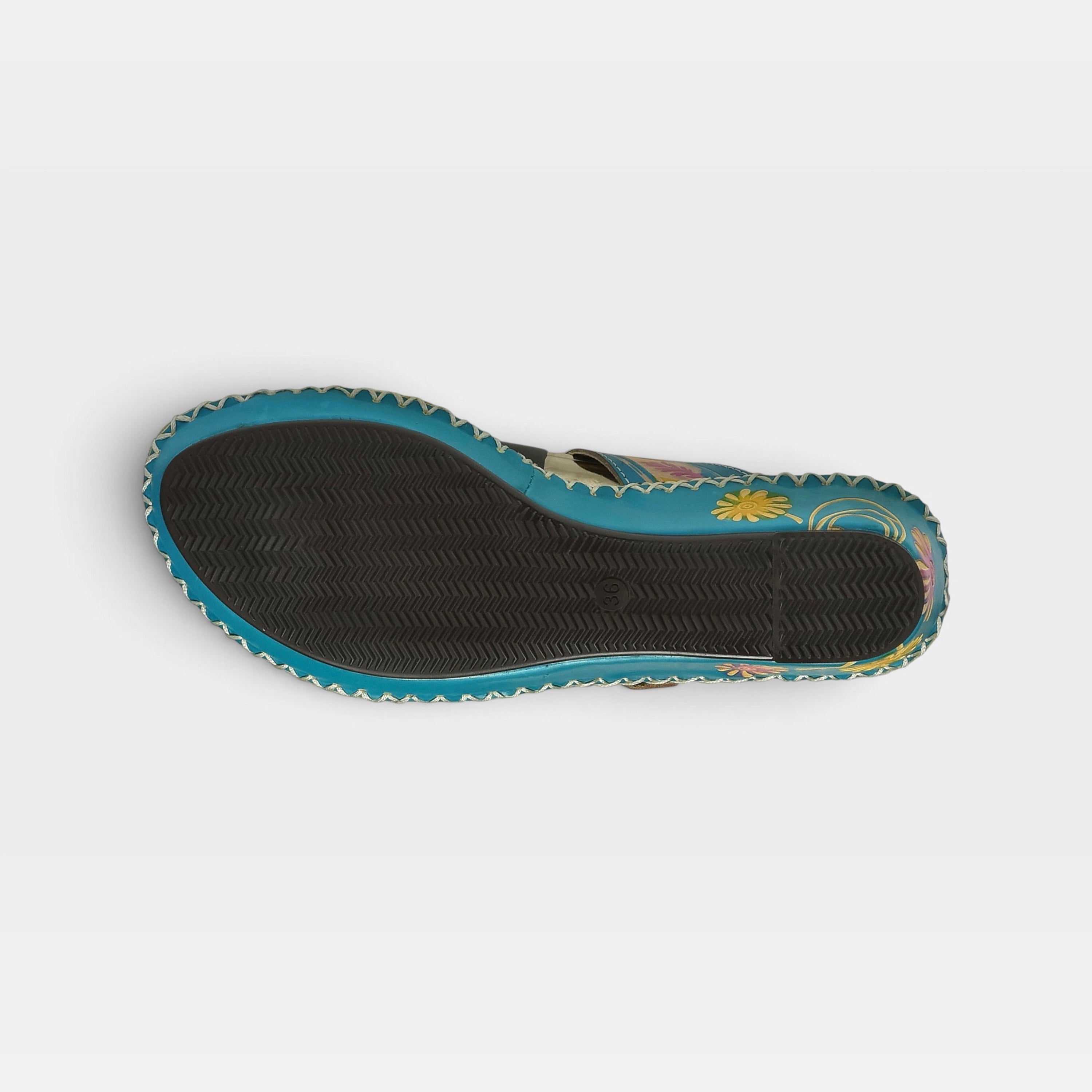 L'Artiste Santorini slide sandal in Turquoise, outsole view
