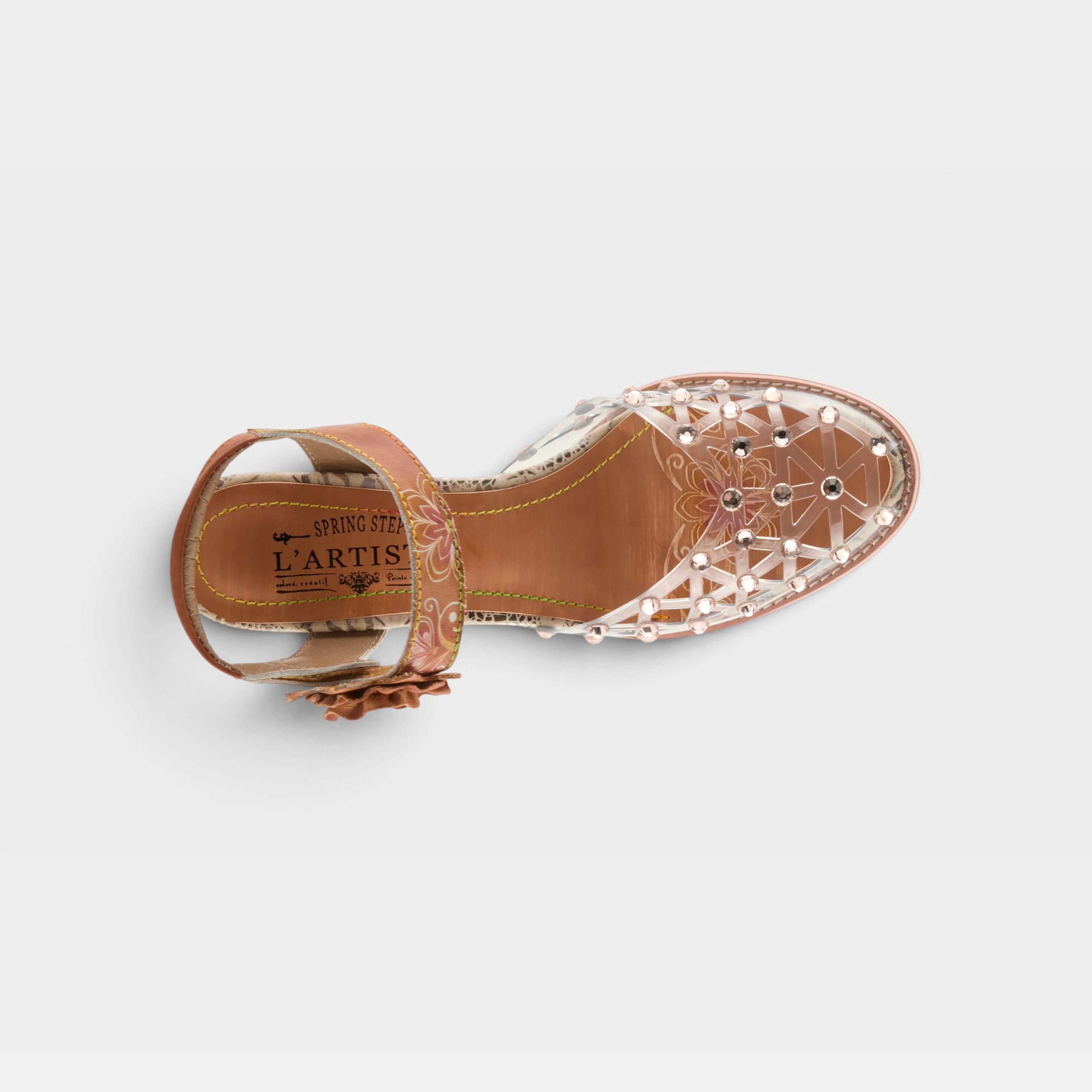 L'Artiste Sassylady sandals in Camel Multi, top view