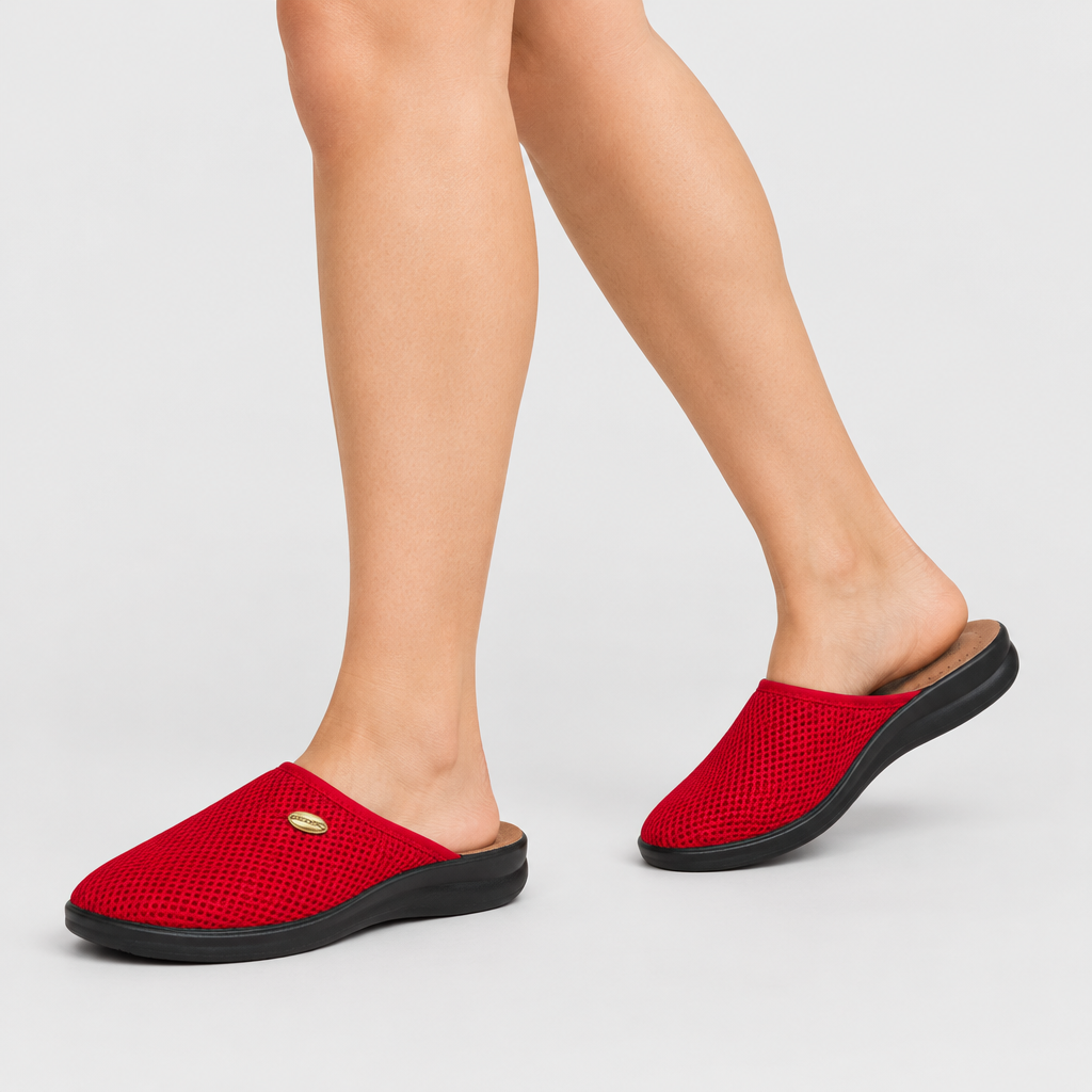 Flexus Scuff Red Slipper - on-foot view