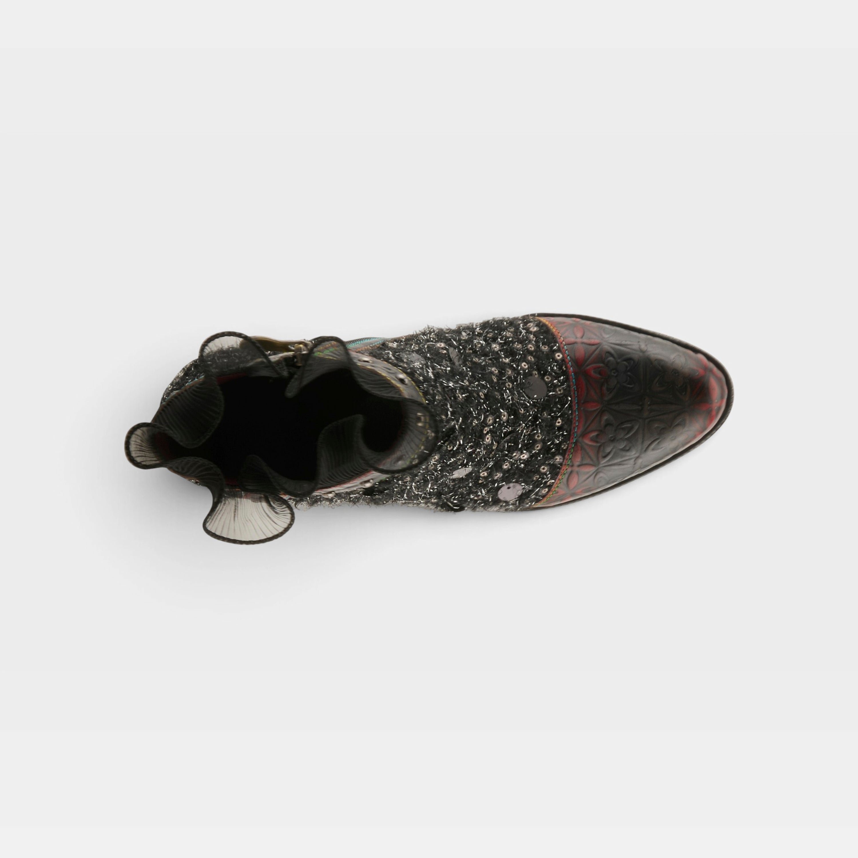 L'Artiste Seeherquin boots in Black Multi, top view