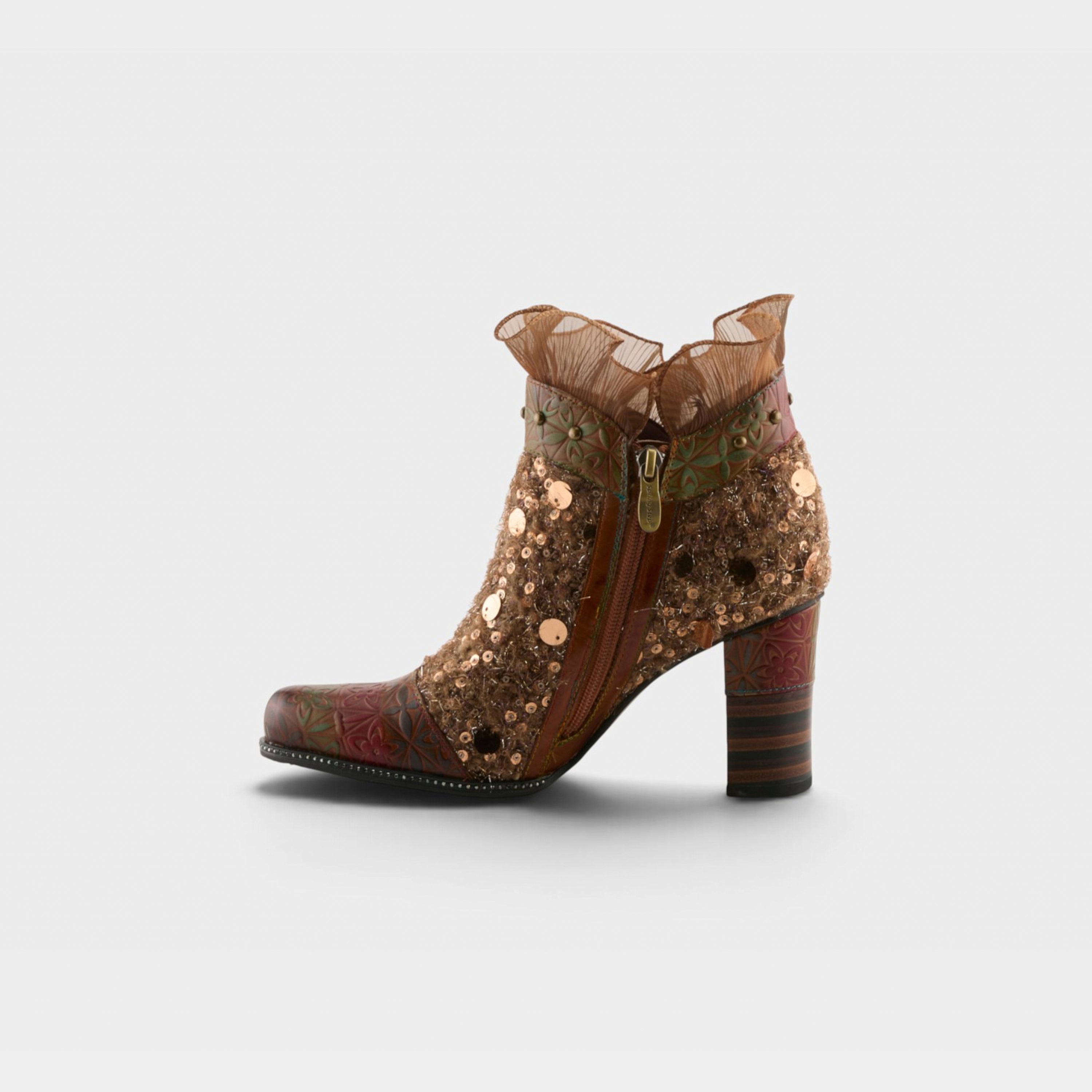 L'Artiste Seeherquin boots in Camel Multi, side view