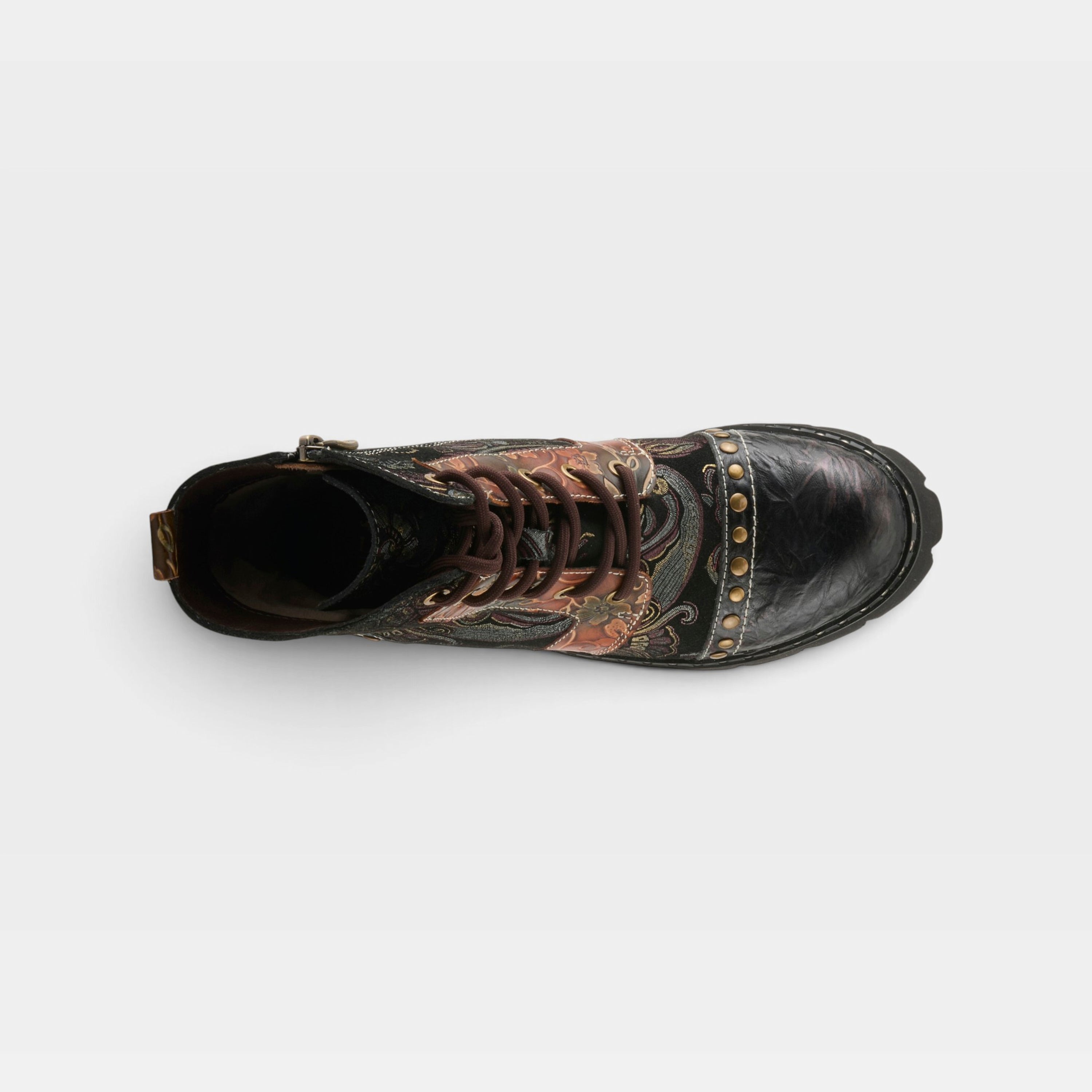 L'Artiste Severity boots in Brown Multi, top view