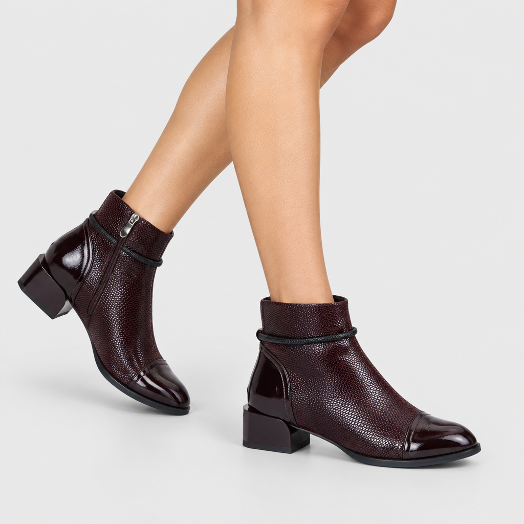 Azura Shelbi Burgundy Patent Boot - on-foot view