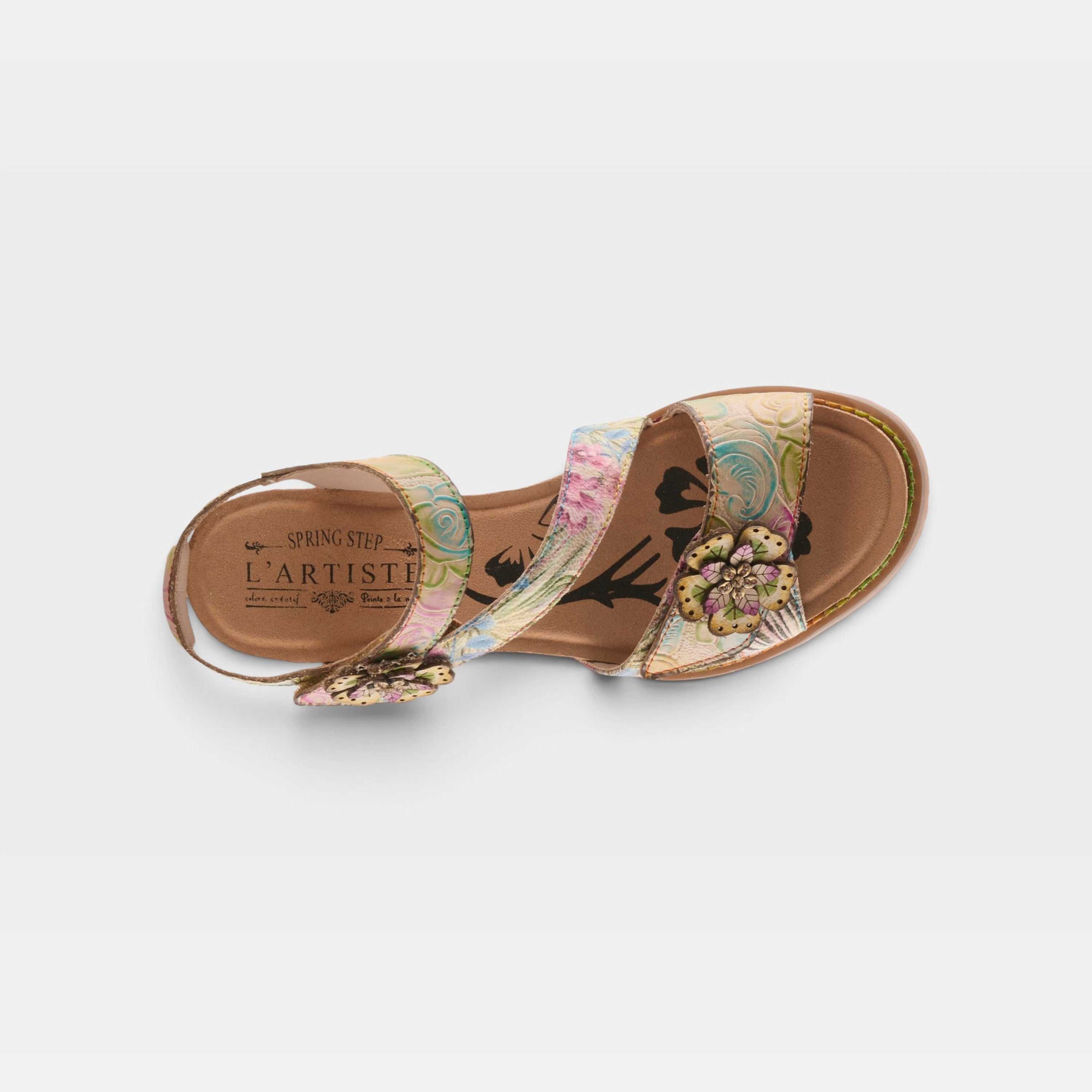 L'Artiste Shesfab sandals in Tan Multi, top view
