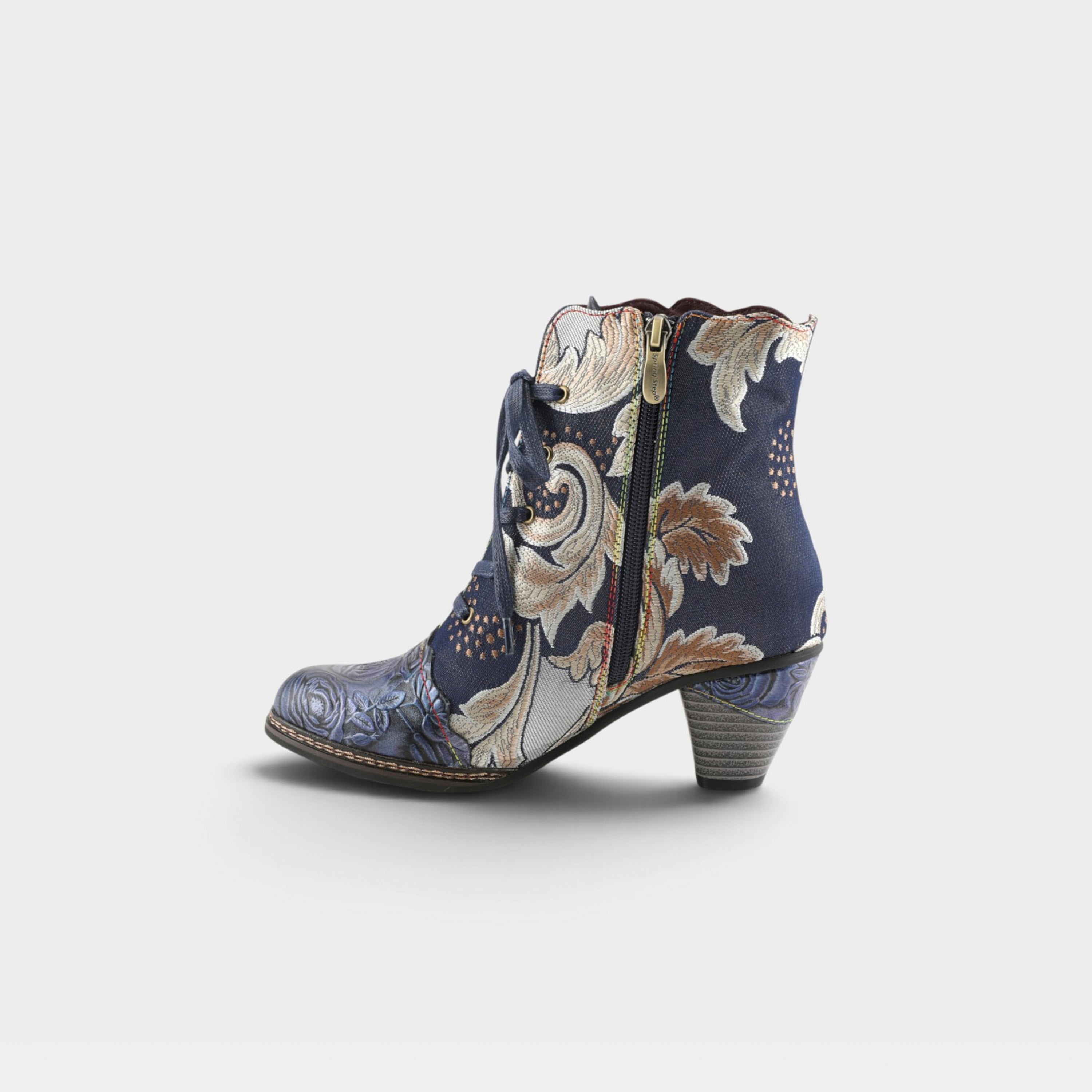 L'Artiste Siren boots in Navy Multi, side view