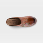 L'Artiste Skyhigh mules in Camel Multi, top view