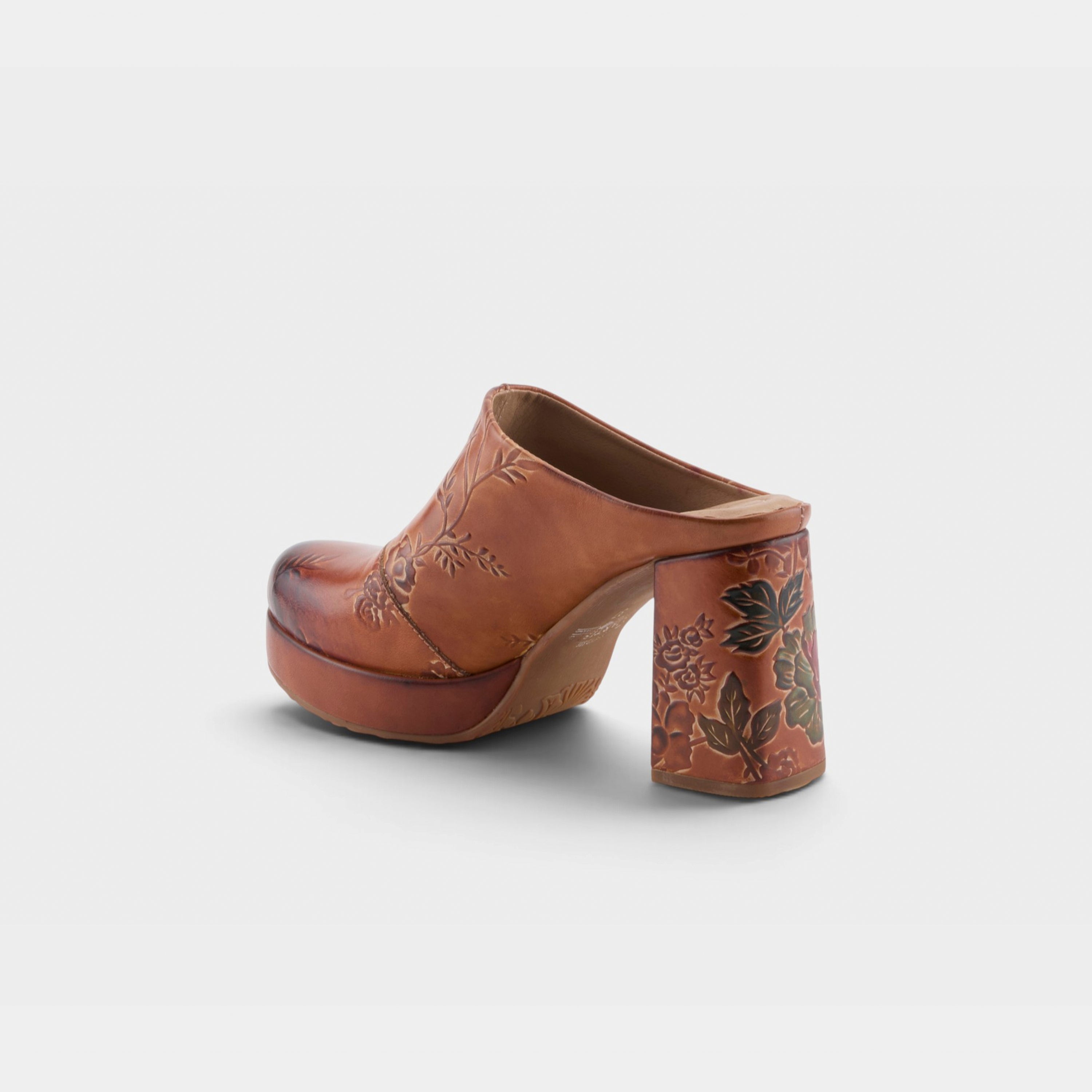 L'Artiste Skyhigh mules in Camel Multi, alternate angle view
