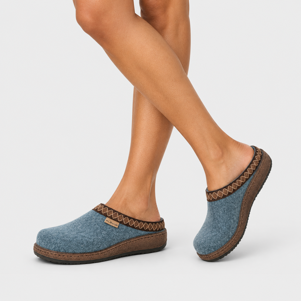 Flexus Snuggee Denim Blue Slipper - on-foot view