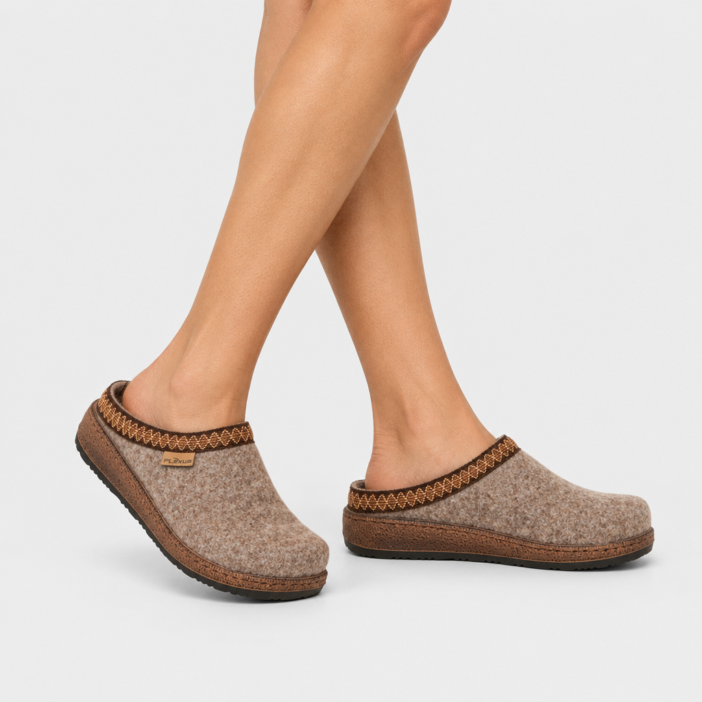 Flexus Snuggee Light Brown Slipper - on-foot view