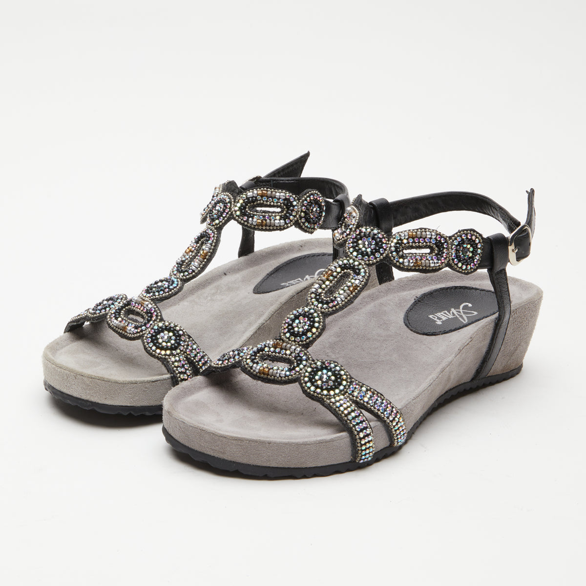 Azura Stunnin T-Strap women's wedge sandal in taupe multi with leather upper and buckle detail