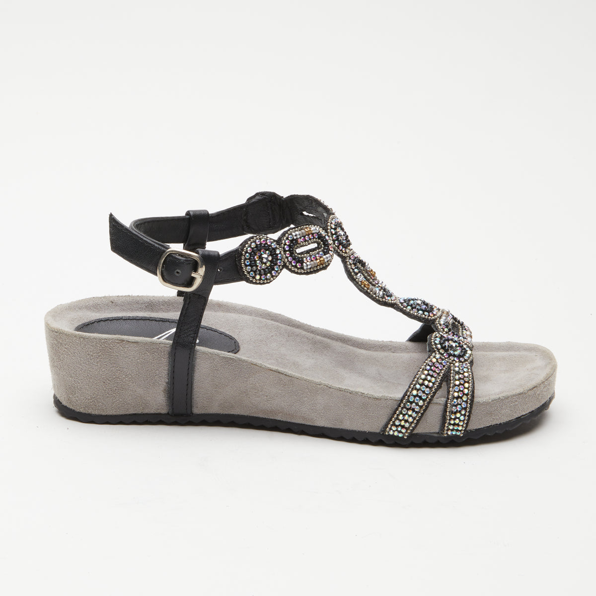Azura Stunnin T-Strap women's wedge sandal in taupe multi with leather upper and buckle detail