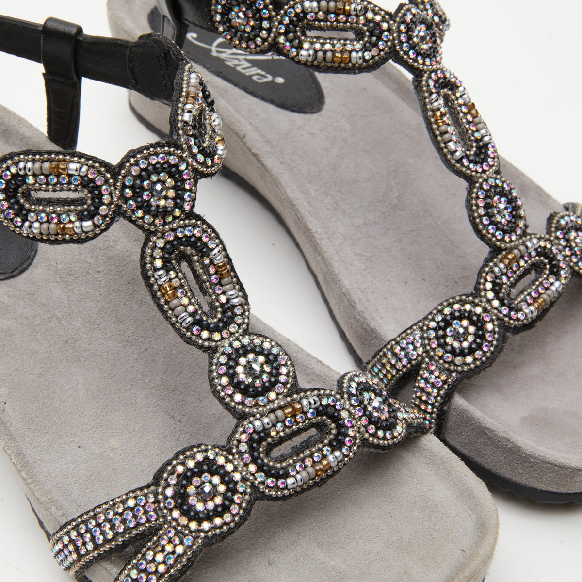 Azura Stunnin T-Strap women's wedge sandal in taupe multi with leather upper and buckle detail