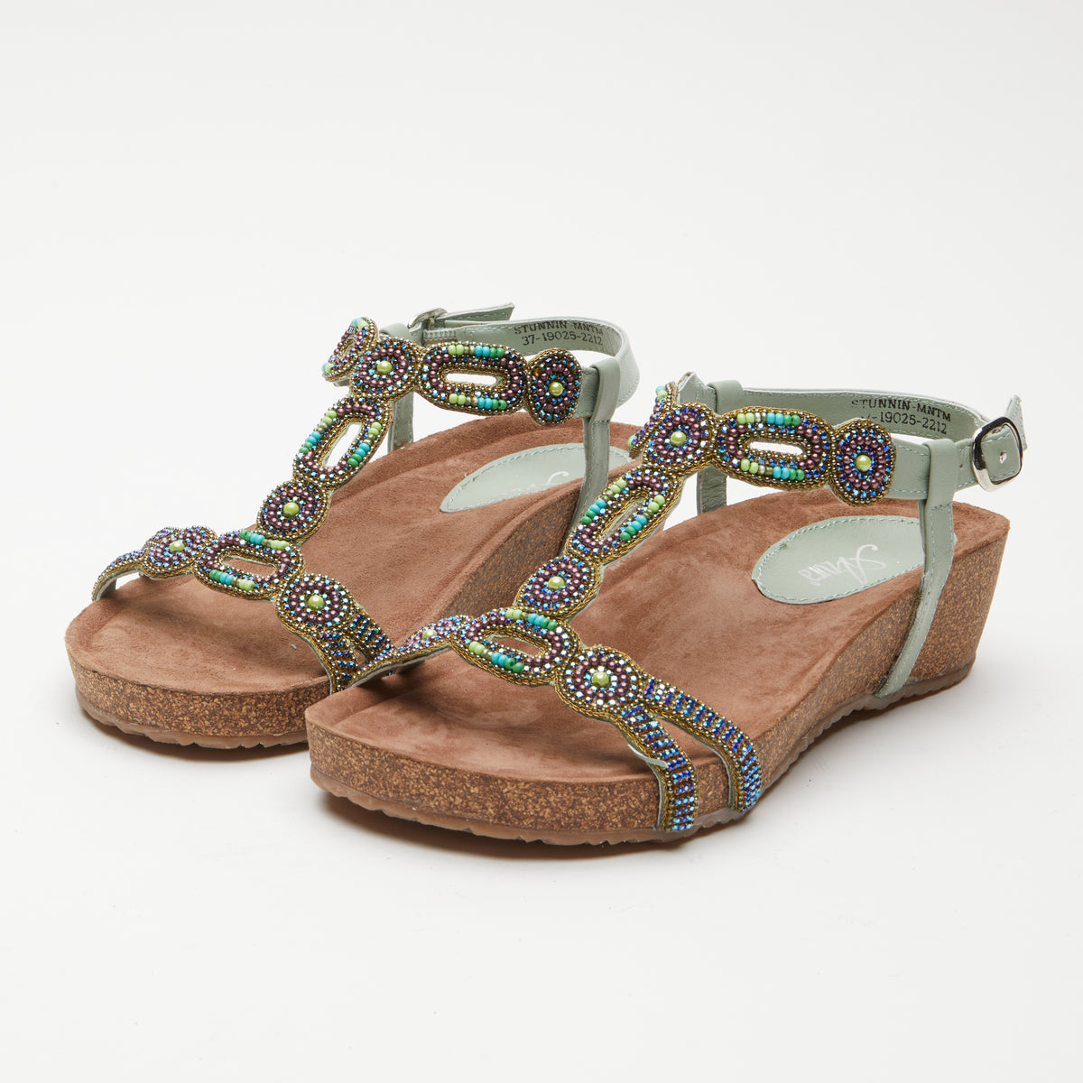 Azura Stunnin T-Strap women's wedge sandal in mint green multi with leather upper and buckle detail