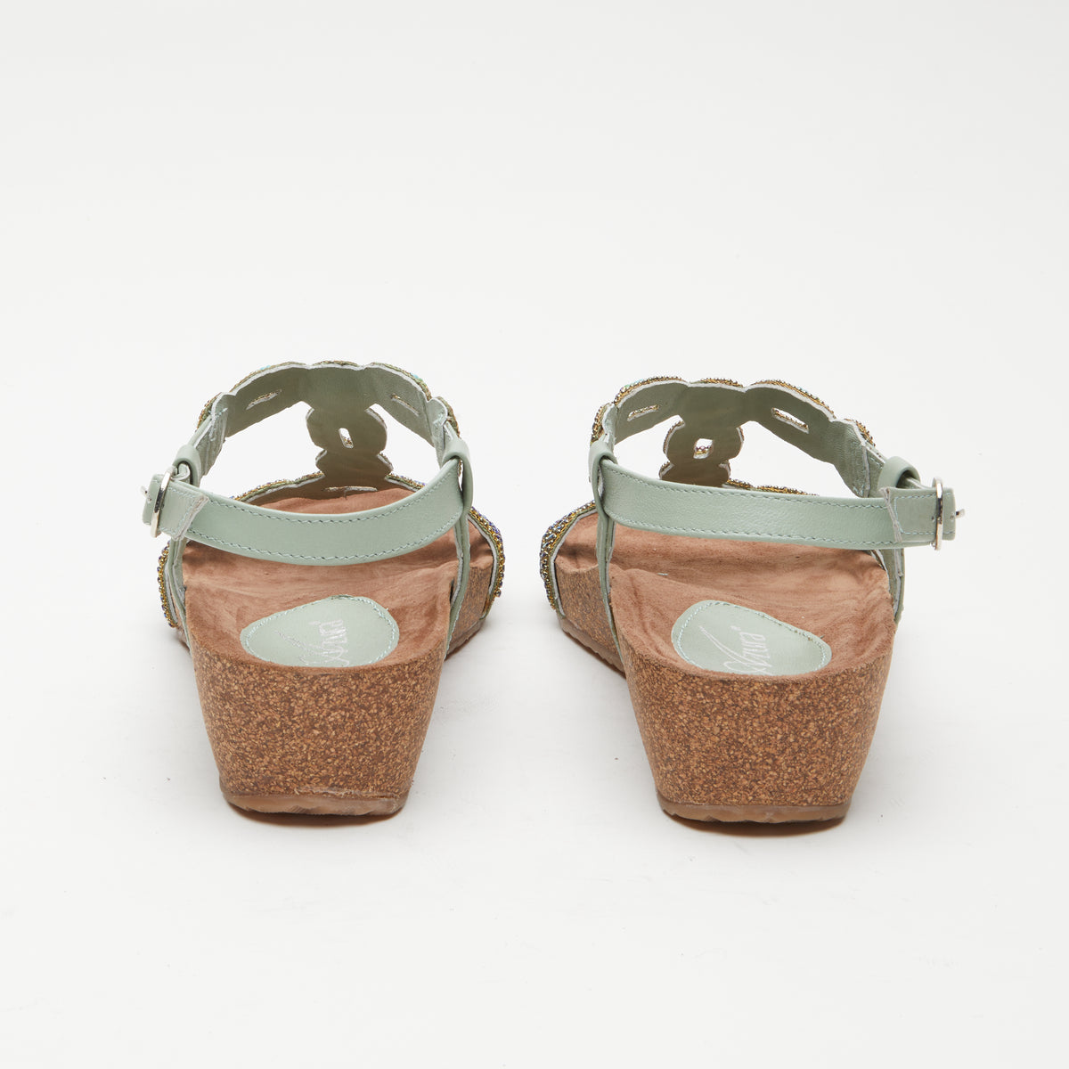 Azura Stunnin T-Strap women's wedge sandal in mint green multi with leather upper and buckle detail