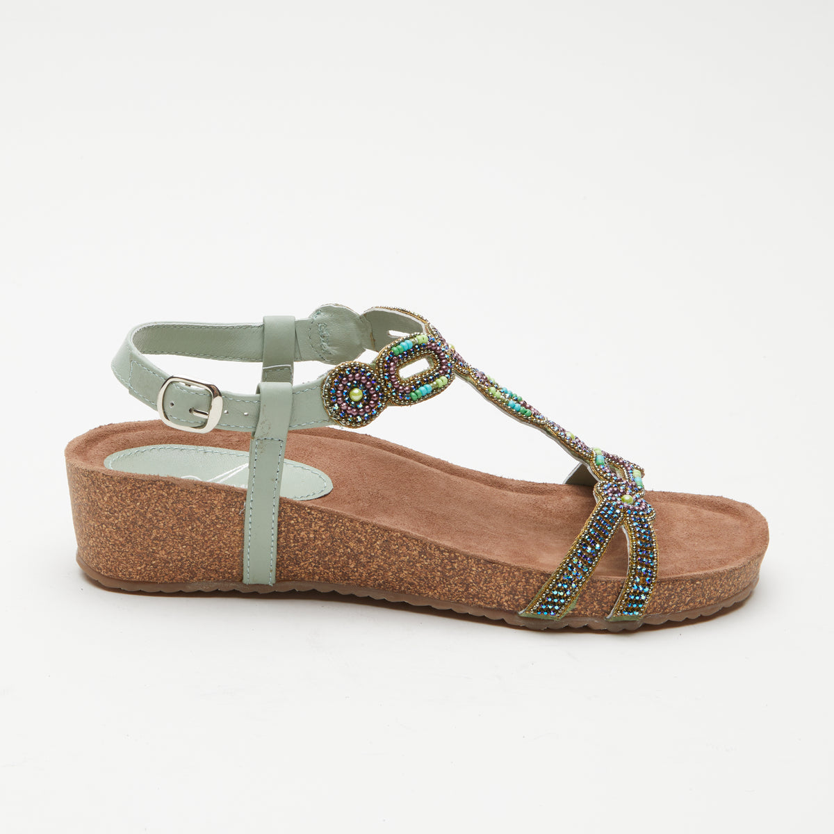 Azura Stunnin T-Strap women's wedge sandal in mint green multi with leather upper and buckle detail