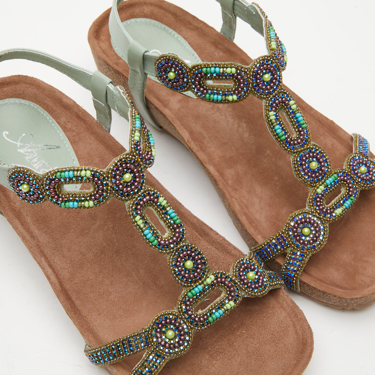 Azura Stunnin T-Strap women's wedge sandal in mint green multi with leather upper and buckle detail