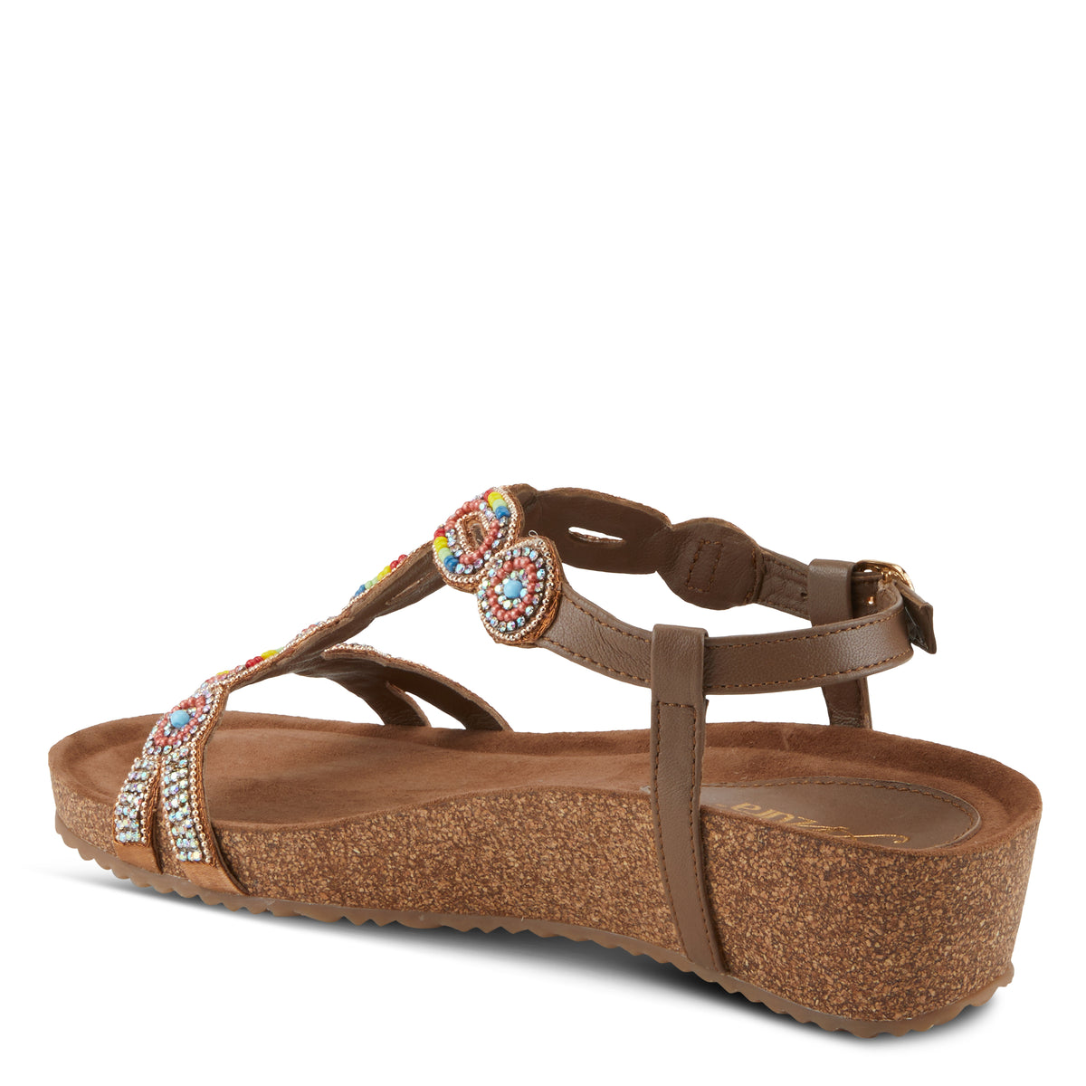Azura Stunnin T-Strap women's wedge sandal in taupe multi with leather upper and buckle detail