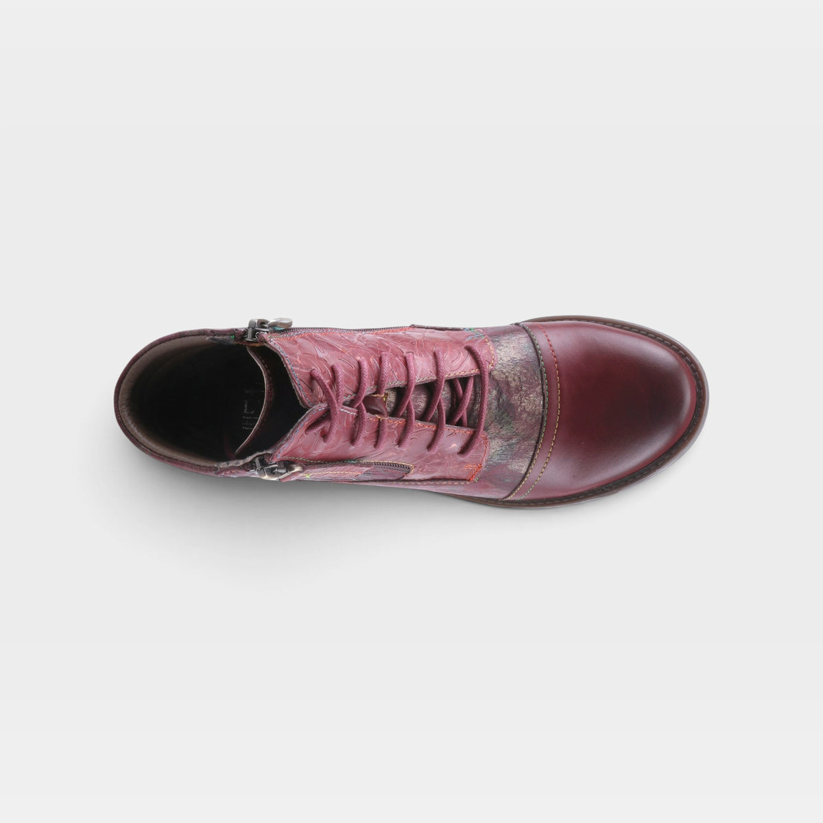 L'Artiste Sunsetride boots in Bordeaux Multi, top view