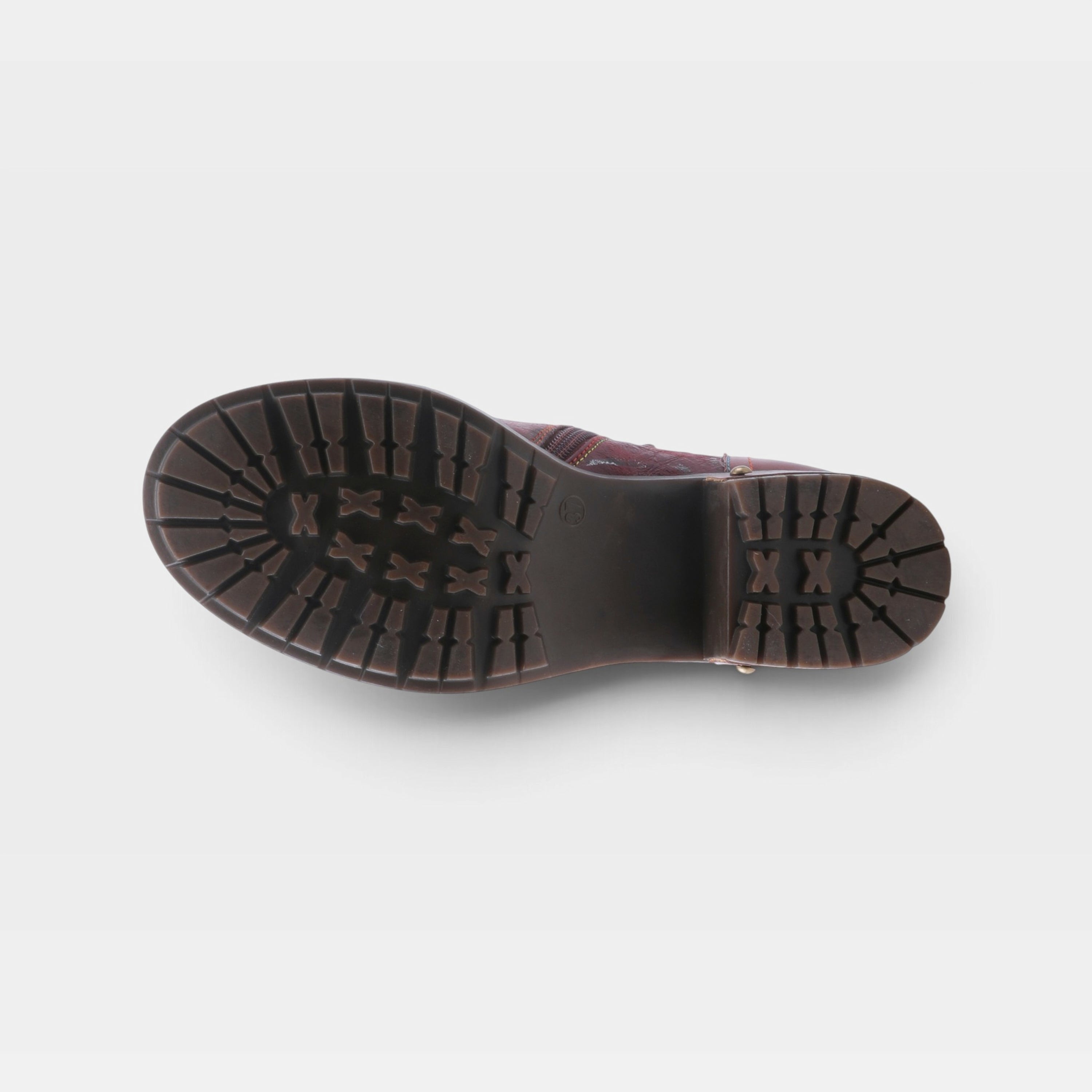 L'Artiste Sunsetride boots in Bordeaux Multi, outsole view
