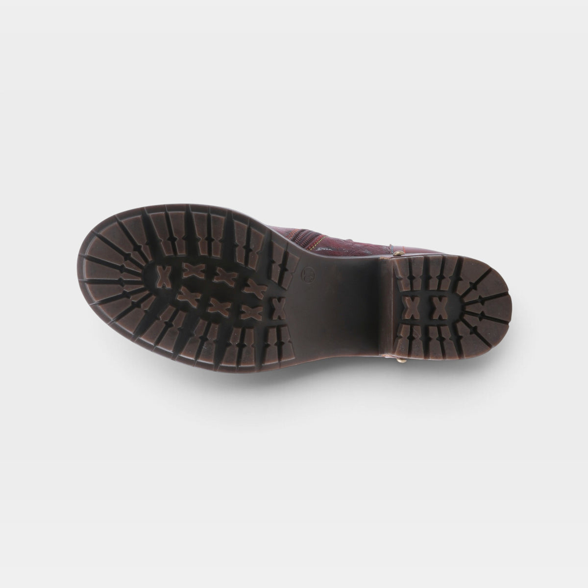 L'Artiste Sunsetride boots in Bordeaux Multi, outsole view