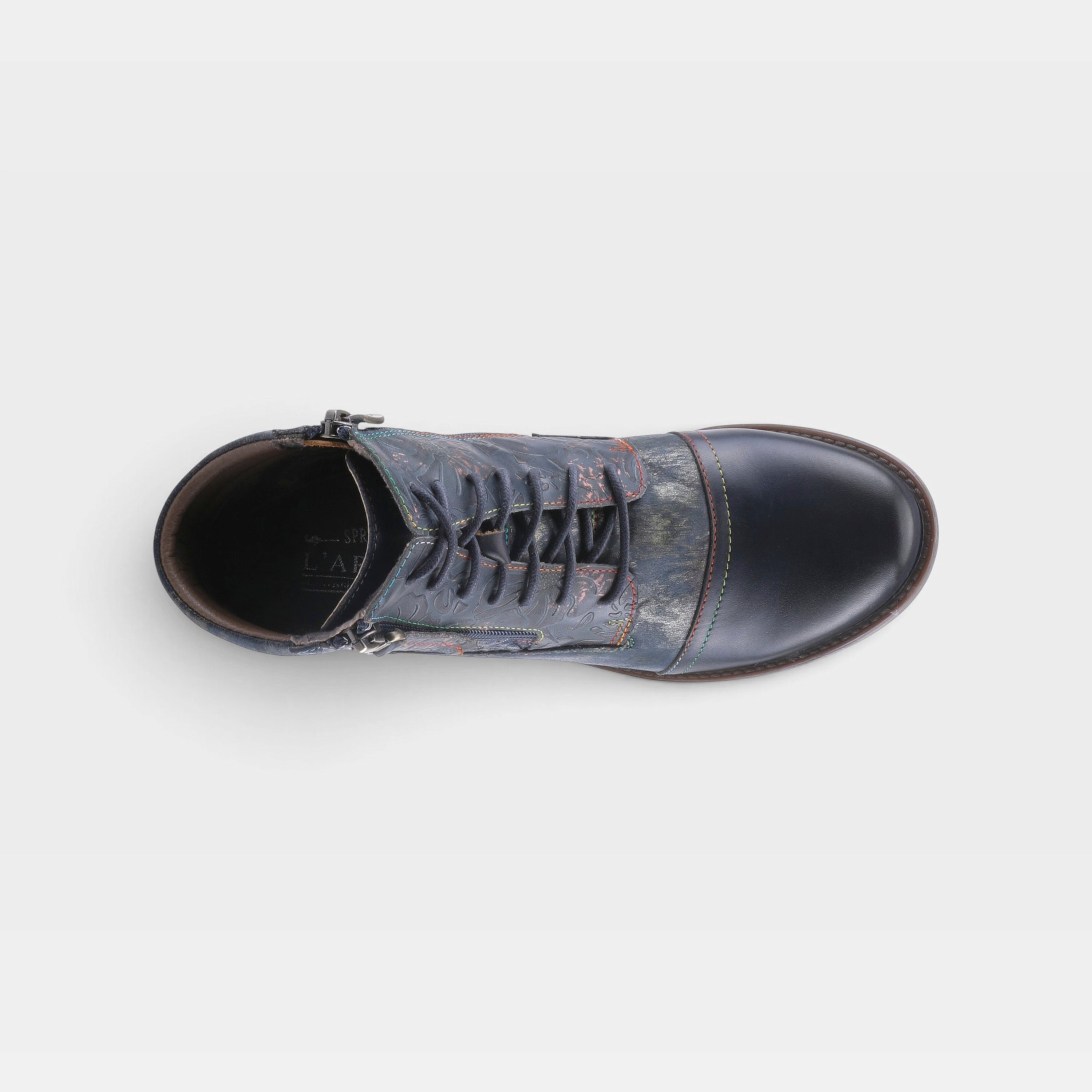 L'Artiste Sunsetride boots in Navy Multi, top view