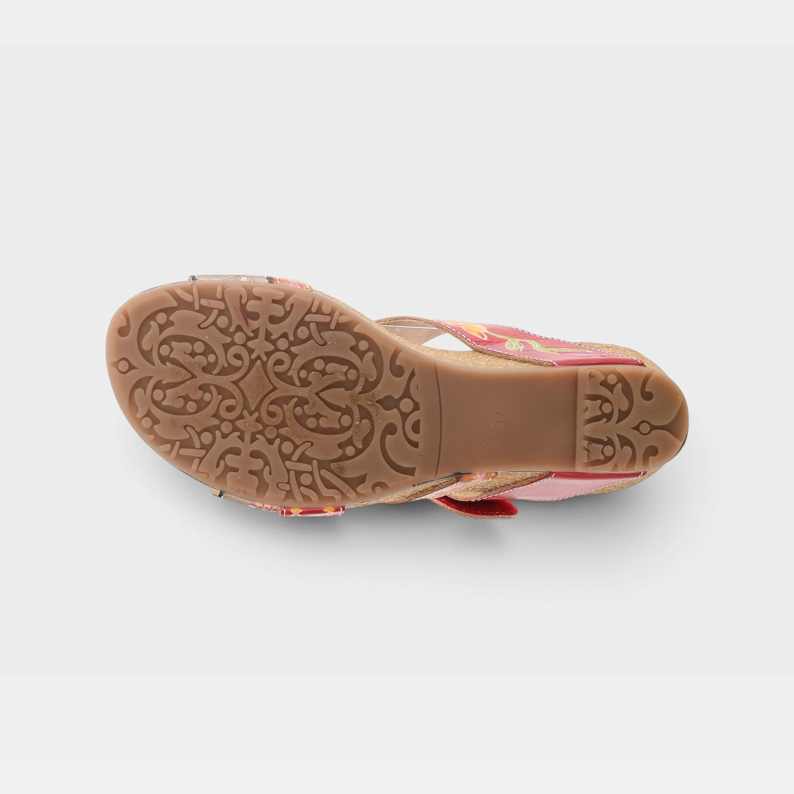 L'Artiste Swan sandals in Red Multi, outsole view